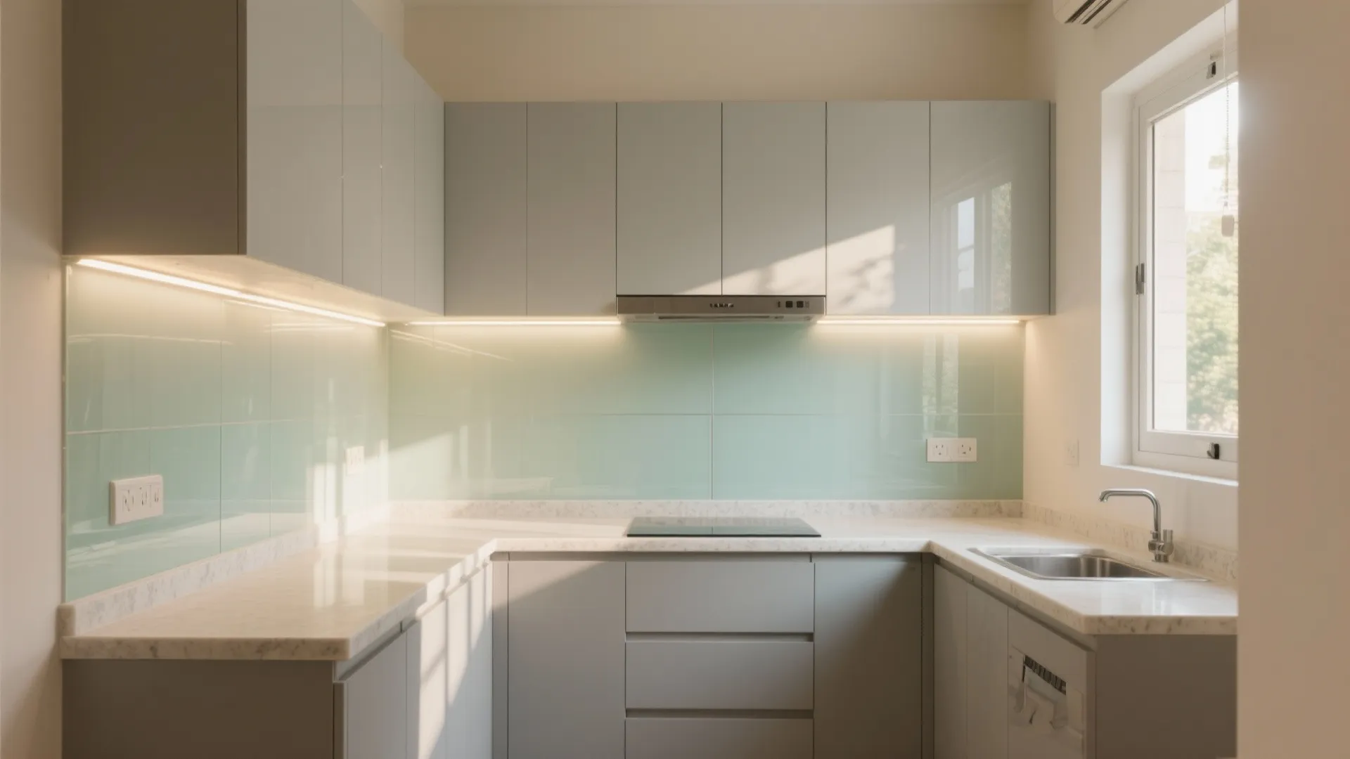 2) Glass backsplash and high-LRV finishes for an airy glow