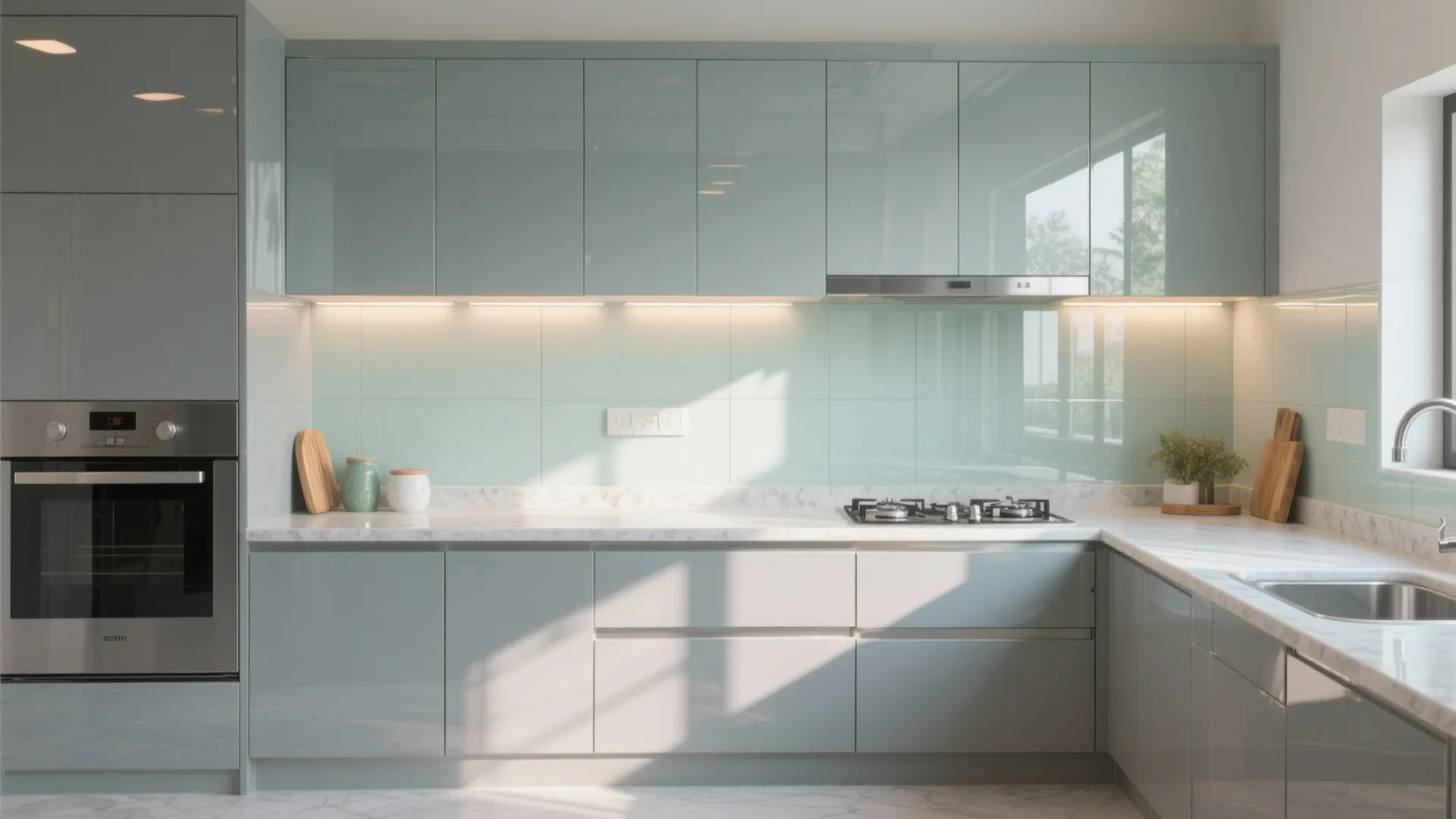 3) Reflective finishes and a glassy, easy-clean backsplash