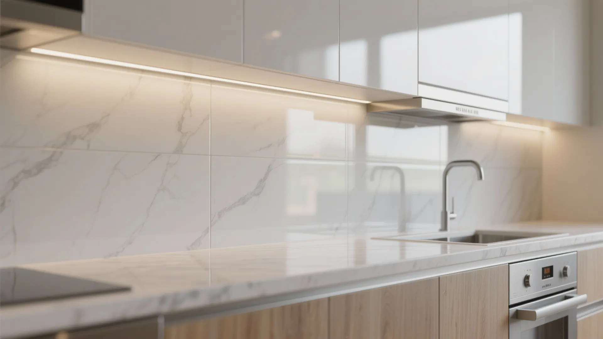 3) Reflective finishes, a glass backsplash, and layered lighting