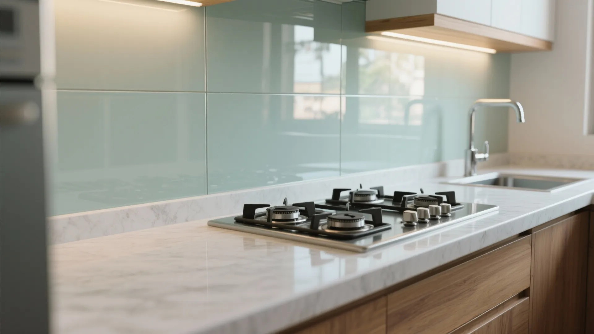 Glass backsplash and reflective finishes to expand light