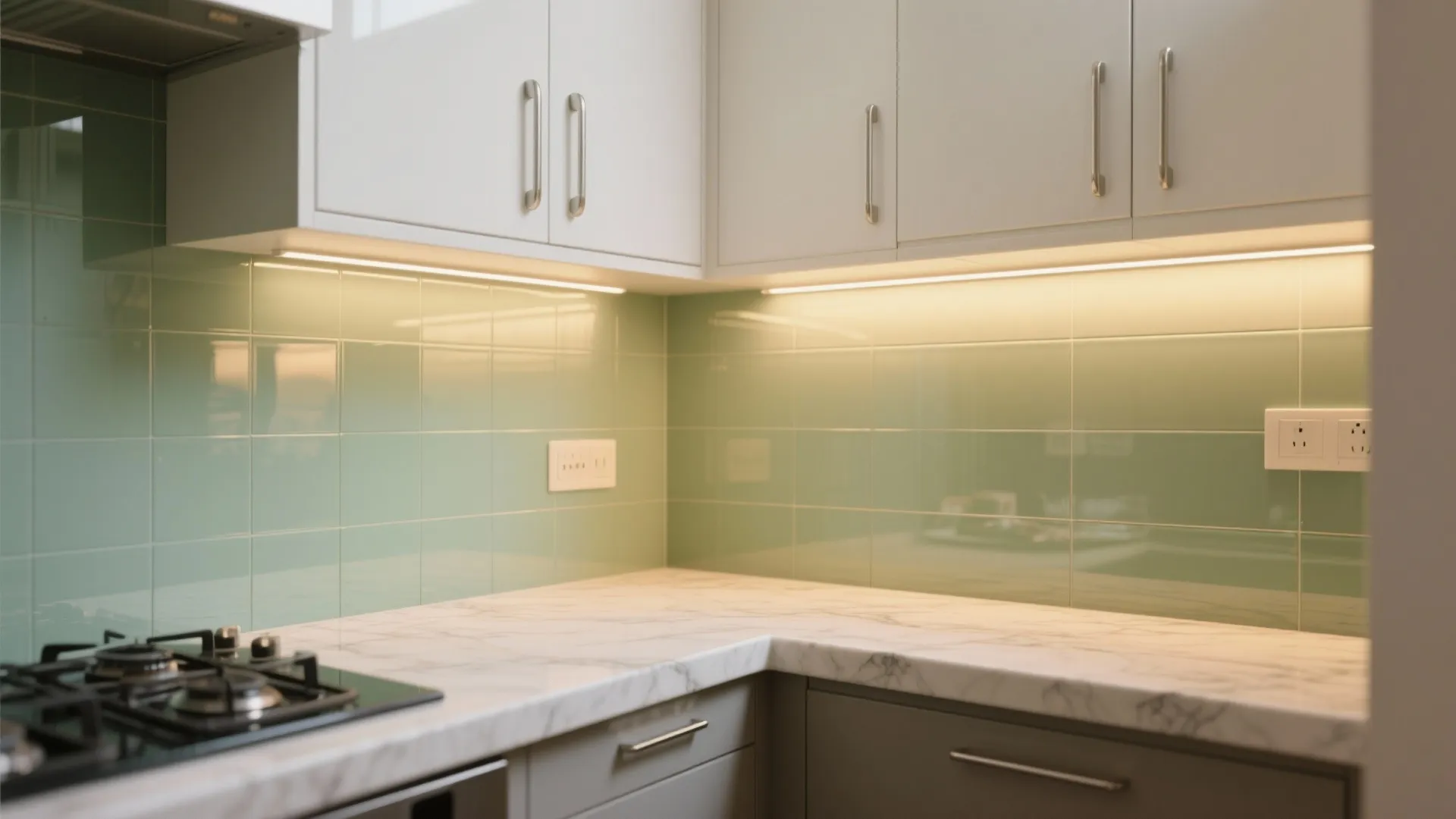 Light-Bouncing Finishes and a Glass Backsplash in the Kitchen
