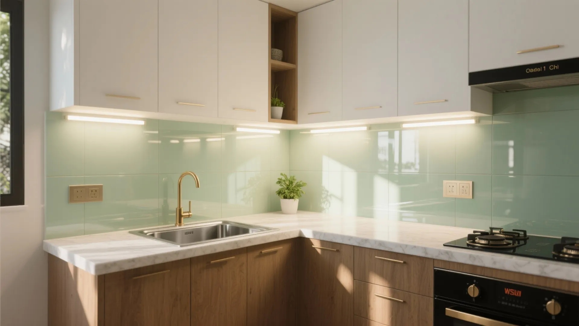 Glass Backsplash and Reflective Finishes for a Brighter Kitchen