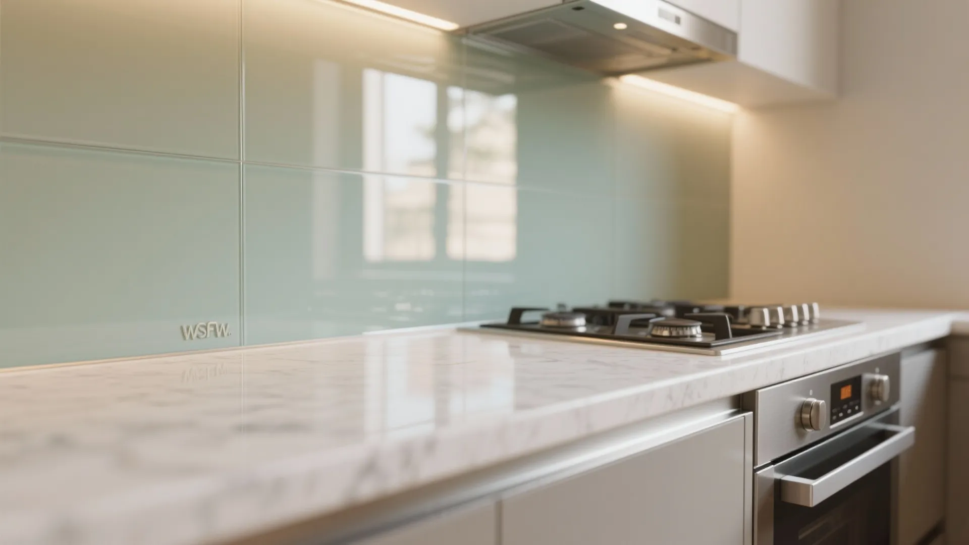 Glass backsplash and light-bouncing finishes in the kitchen