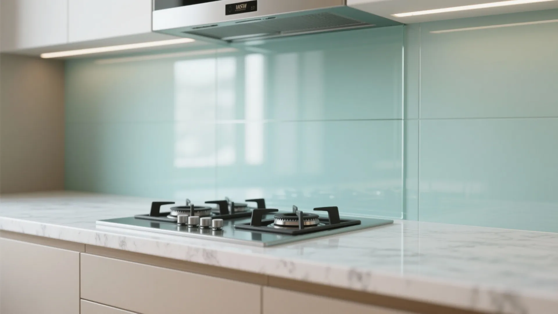 Modern kitchen with white marble countertop black gas stove and light blue glass wall panel