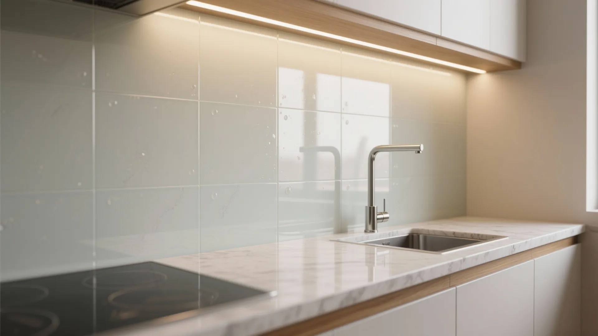 3) Glass backsplash and reflective layers for an airy feel