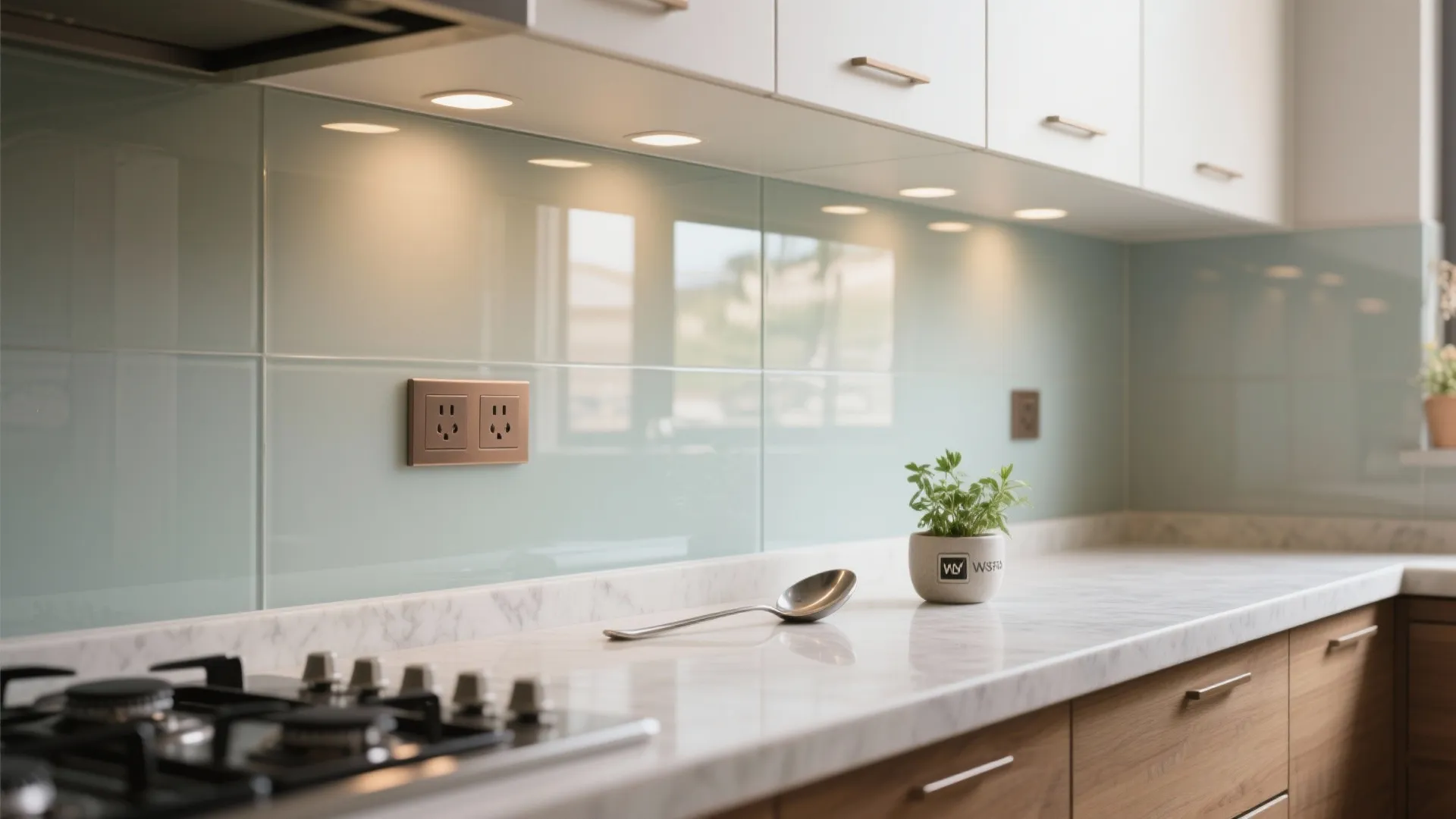 Glass backsplash for brighter, easy-to-clean cooking