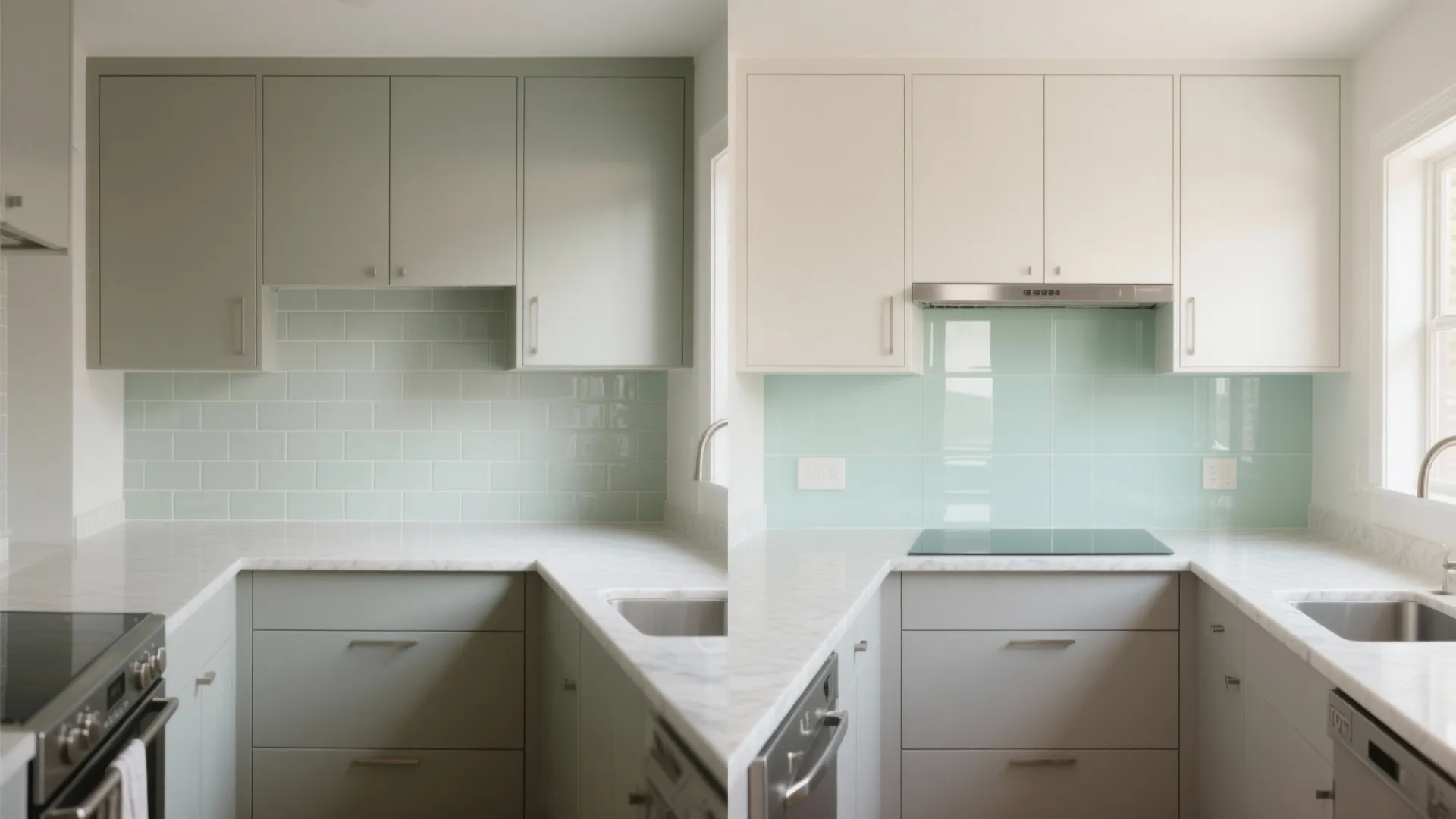 Side by side kitchen comparison showing green subway tiles versus a smooth glass wall panel
