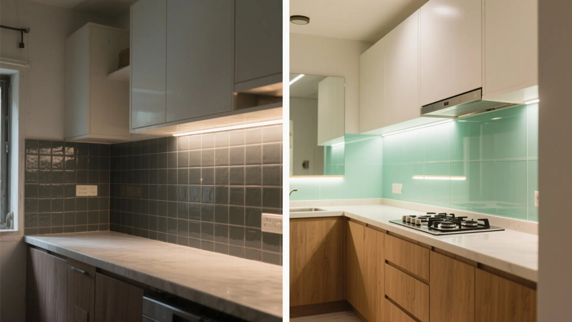 Glass backsplash and reflective accents to stretch light