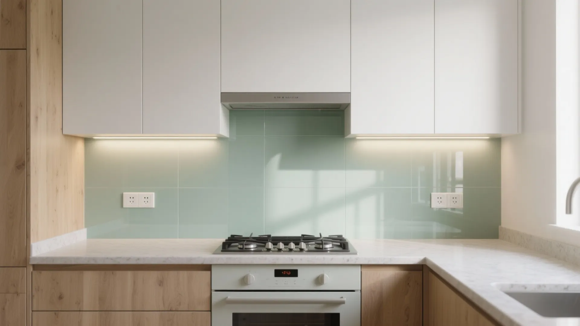 Modern kitchen interior design showing white cabinets light green glass wall and white marble countertop