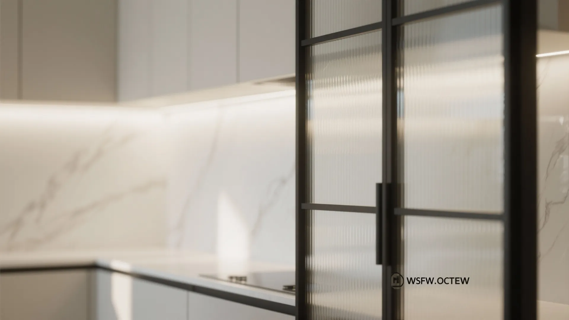 Close-up of back-painted tempered glass backsplash with fluted glass cabinet door.