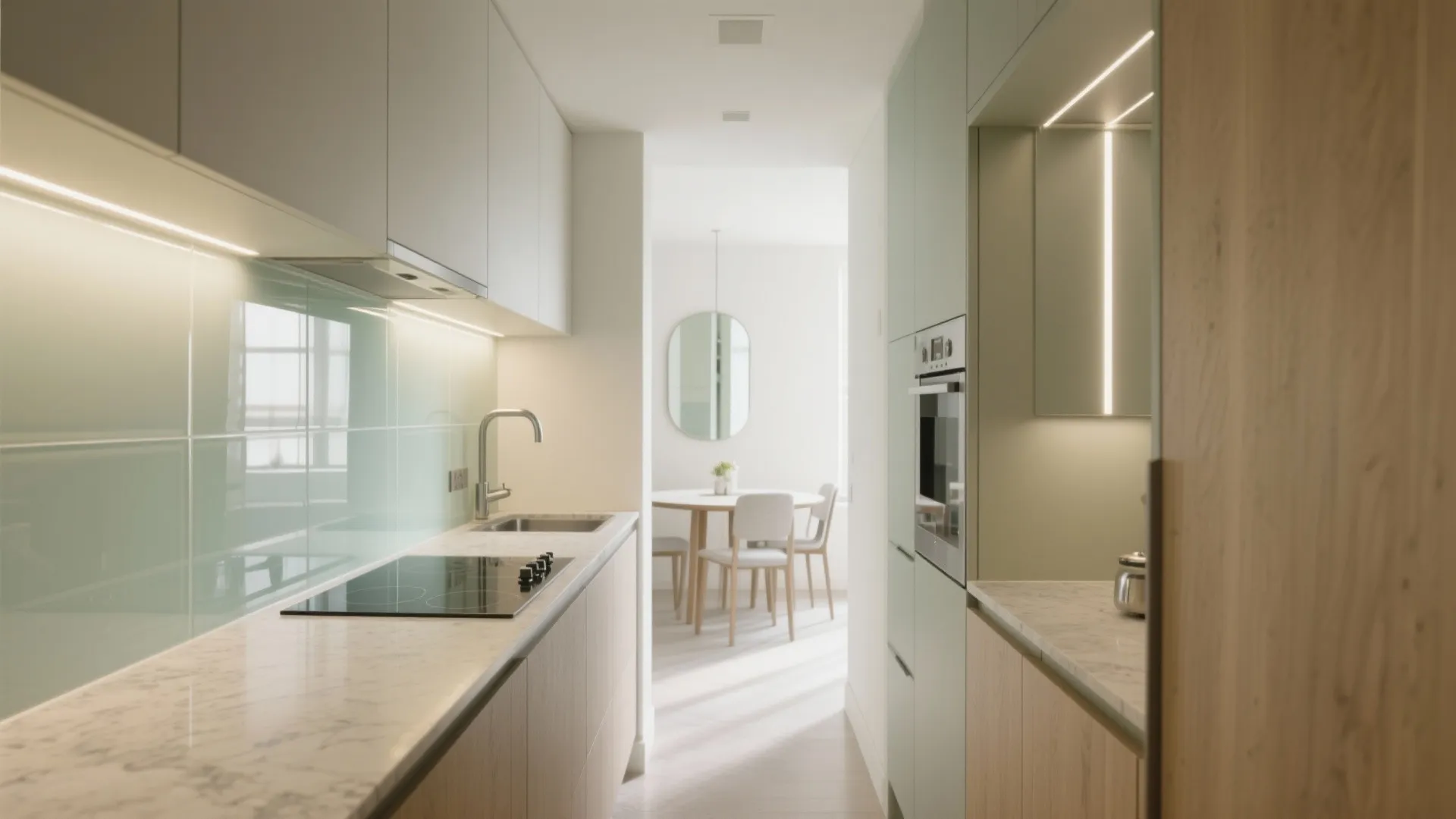 Glass backsplash and mirrors to widen sightlines