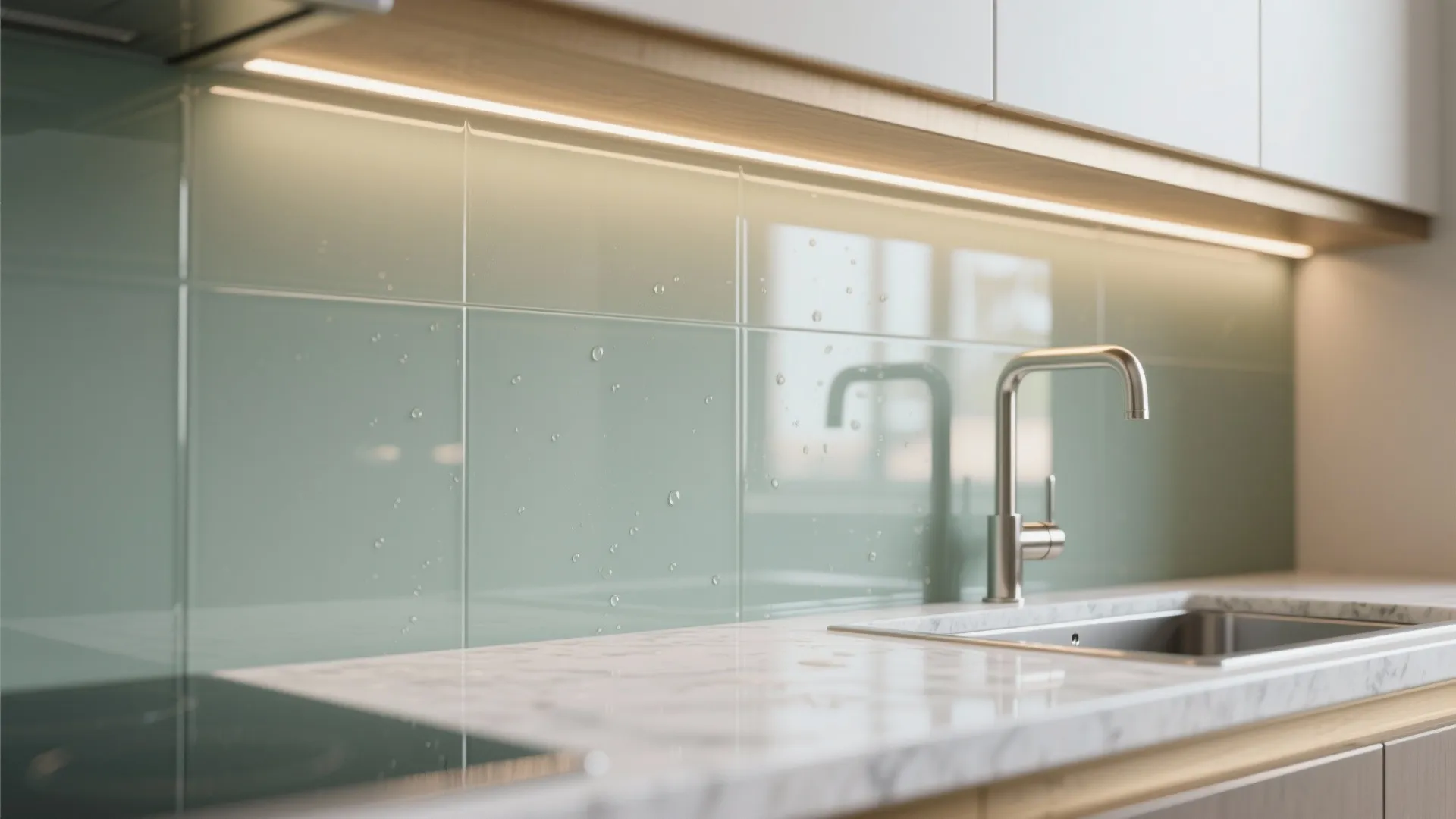 Glass backsplash for an airy, reflective lift