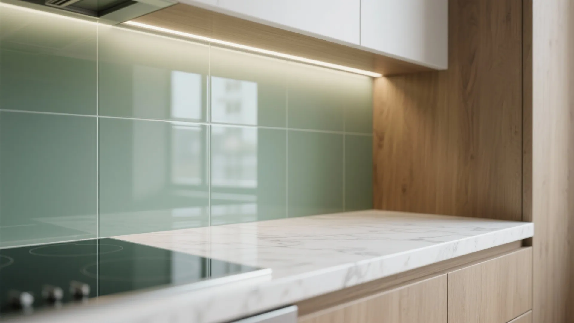 3) Glass backsplash and reflective accents that visually double space