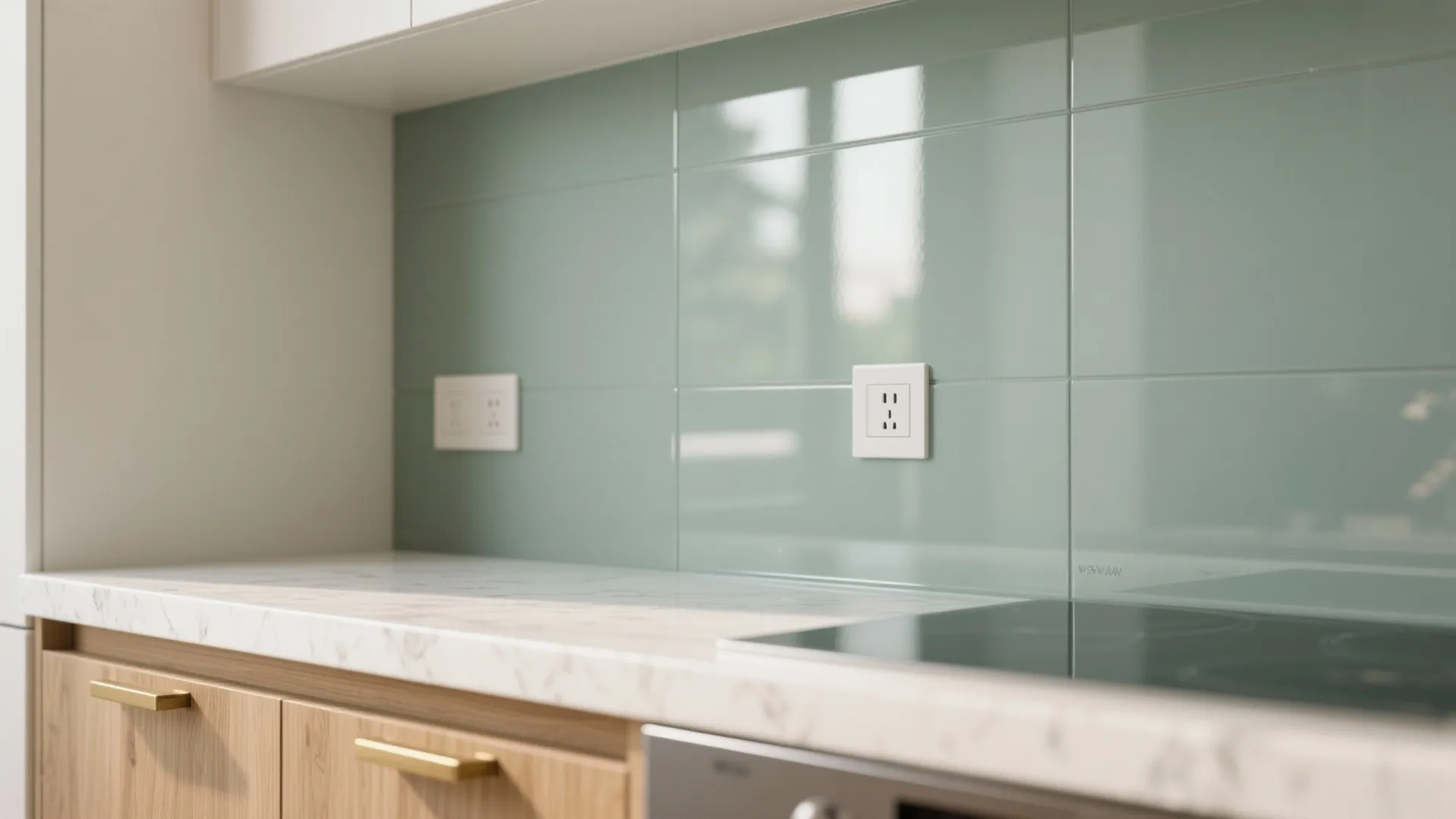 Macro of a soft grey-green back-painted glass backsplash reflecting light in a compact galley kitchen.
