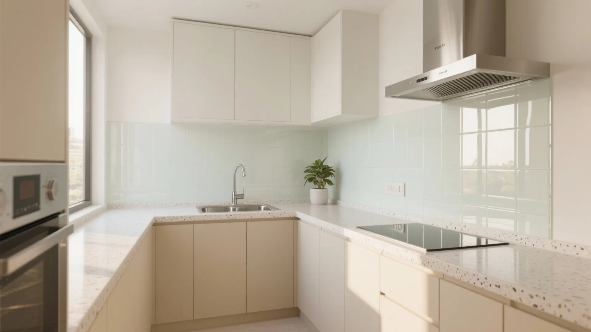 Glass backsplash and reflective finishes to borrow light