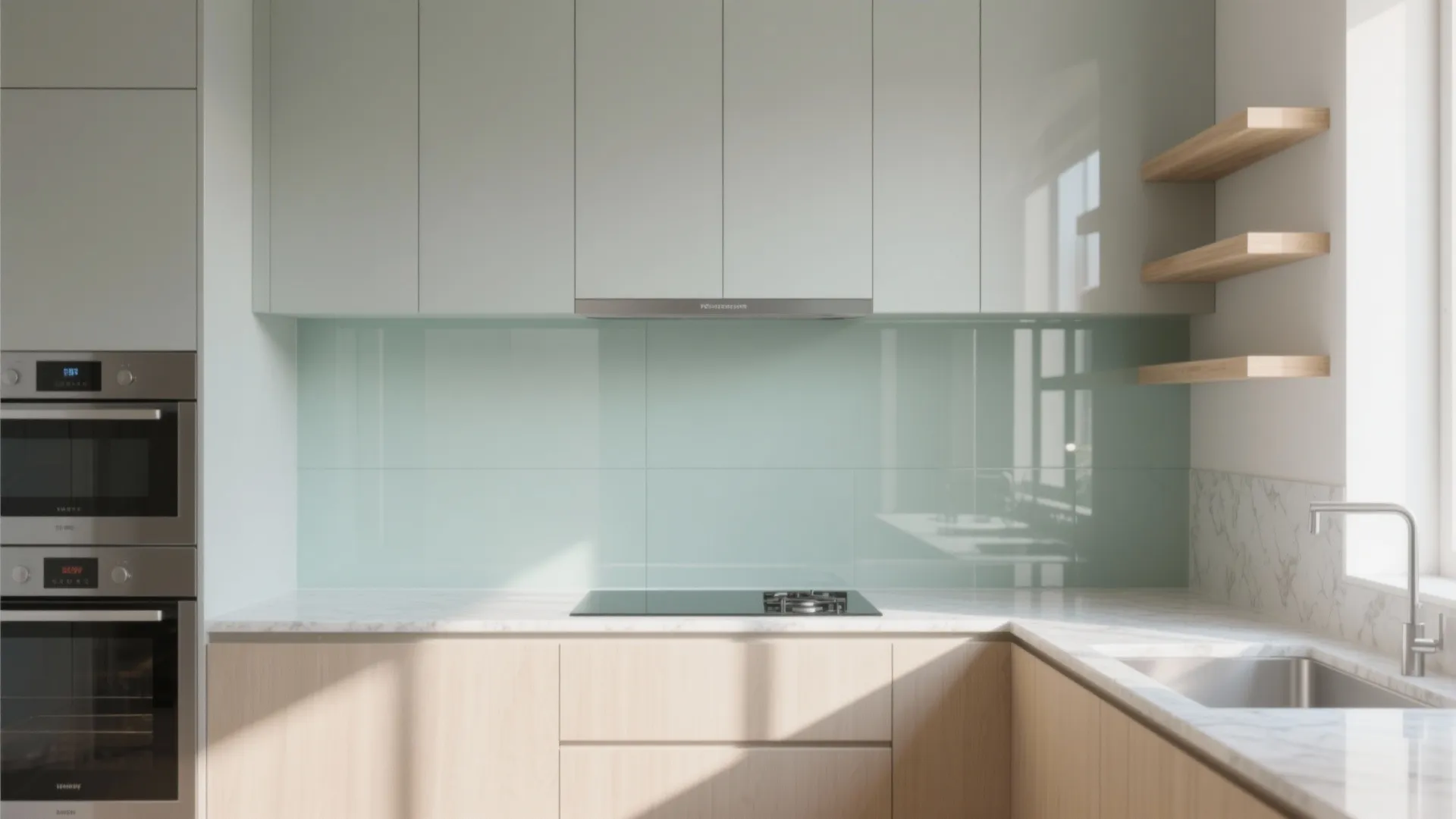 Glass backsplash for an airy, easy-clean kitchen