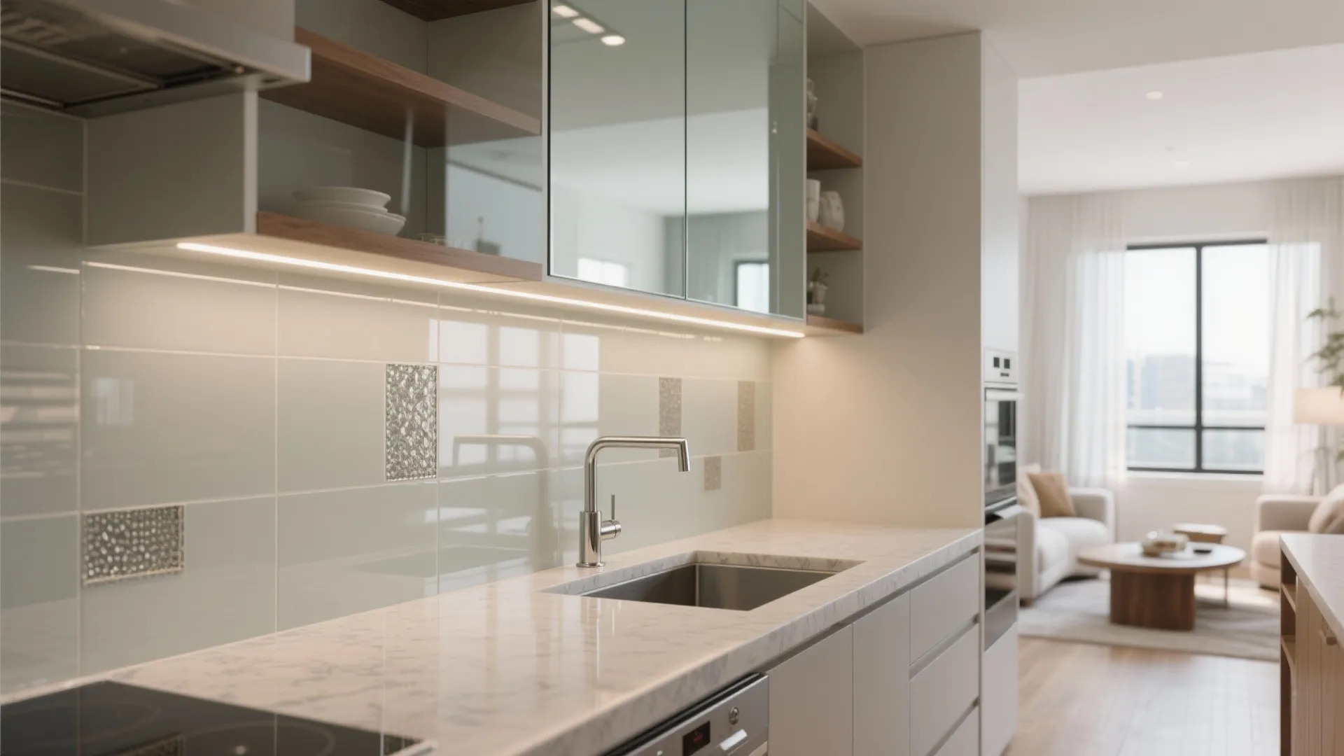 Glass backsplash and reflective layers to amplify light