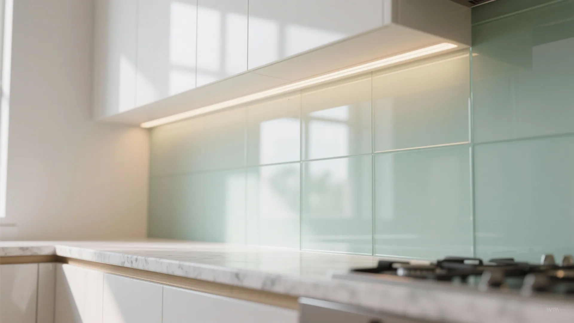 Glass Backsplash And Reflective Touches For Airier Kitchens