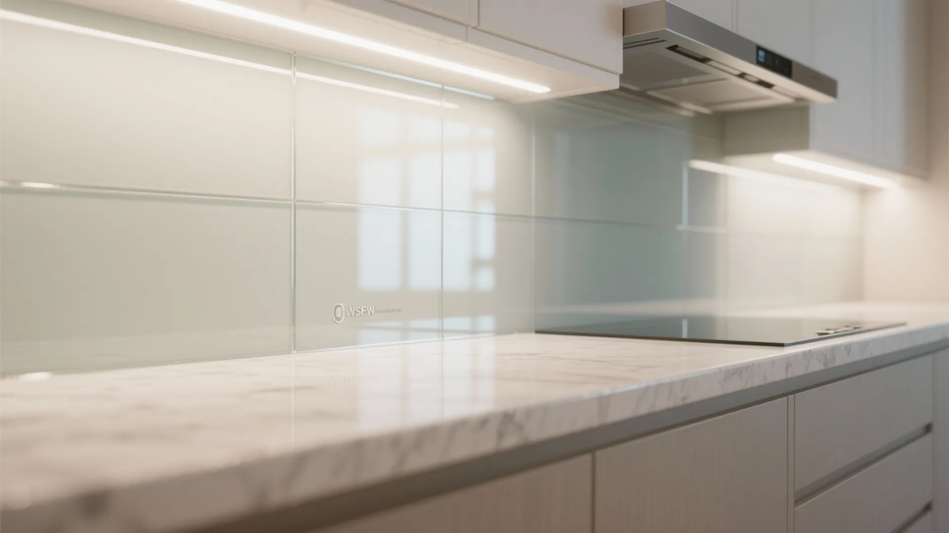 Glass backsplash for an airy, easy-clean look