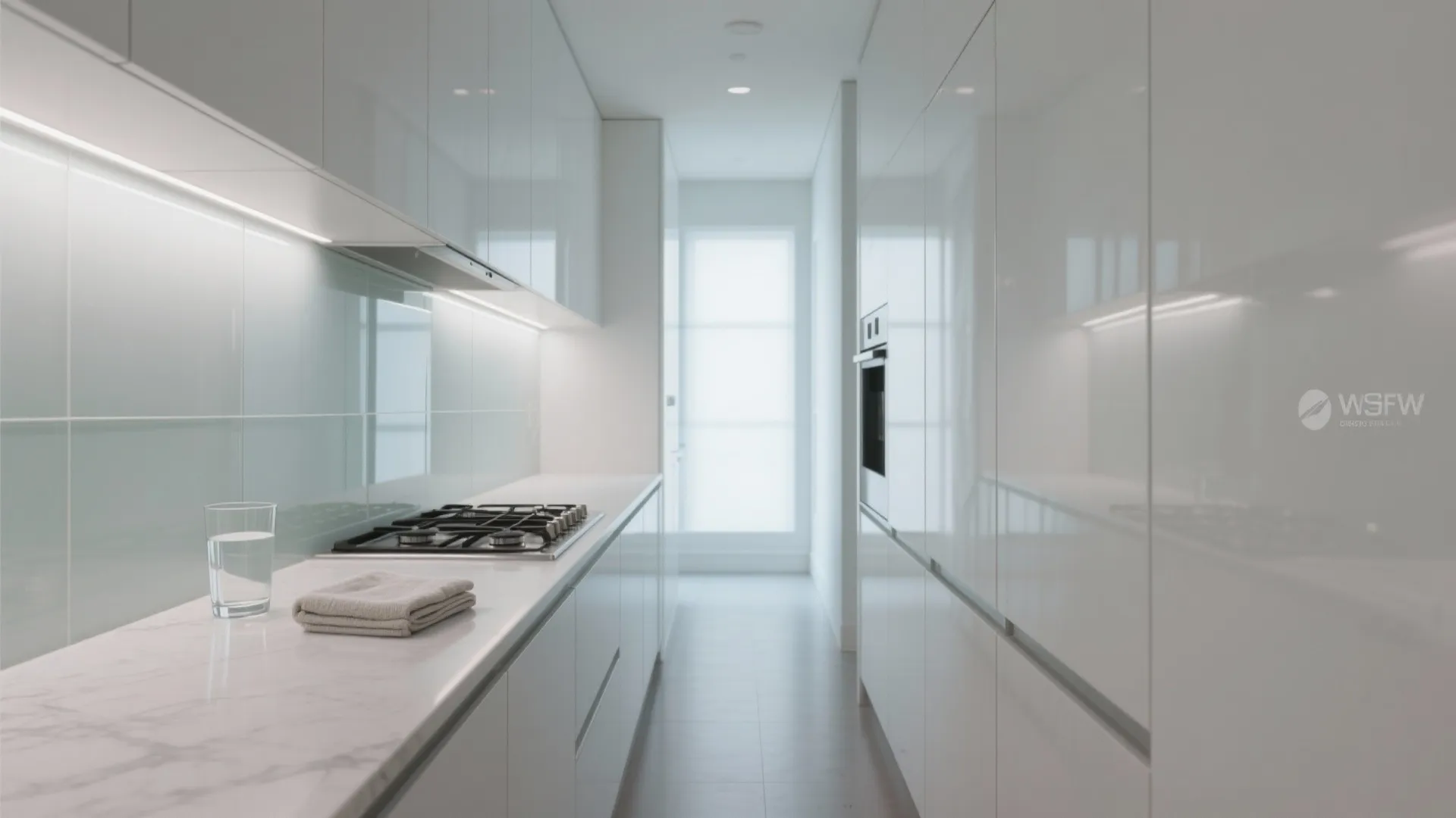 Narrow modern white kitchen with high gloss cabinets light blue glass wall and marble surface