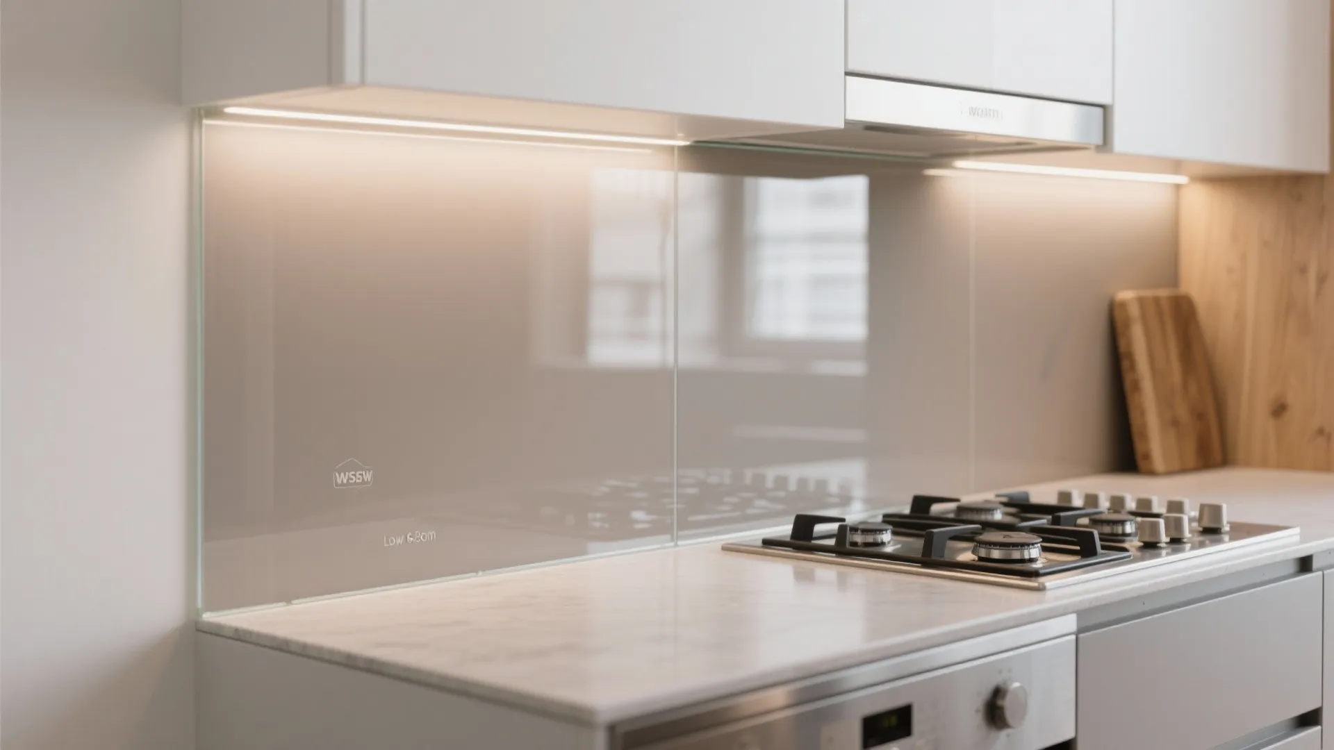 Glass backsplash for light and easy cleanup
