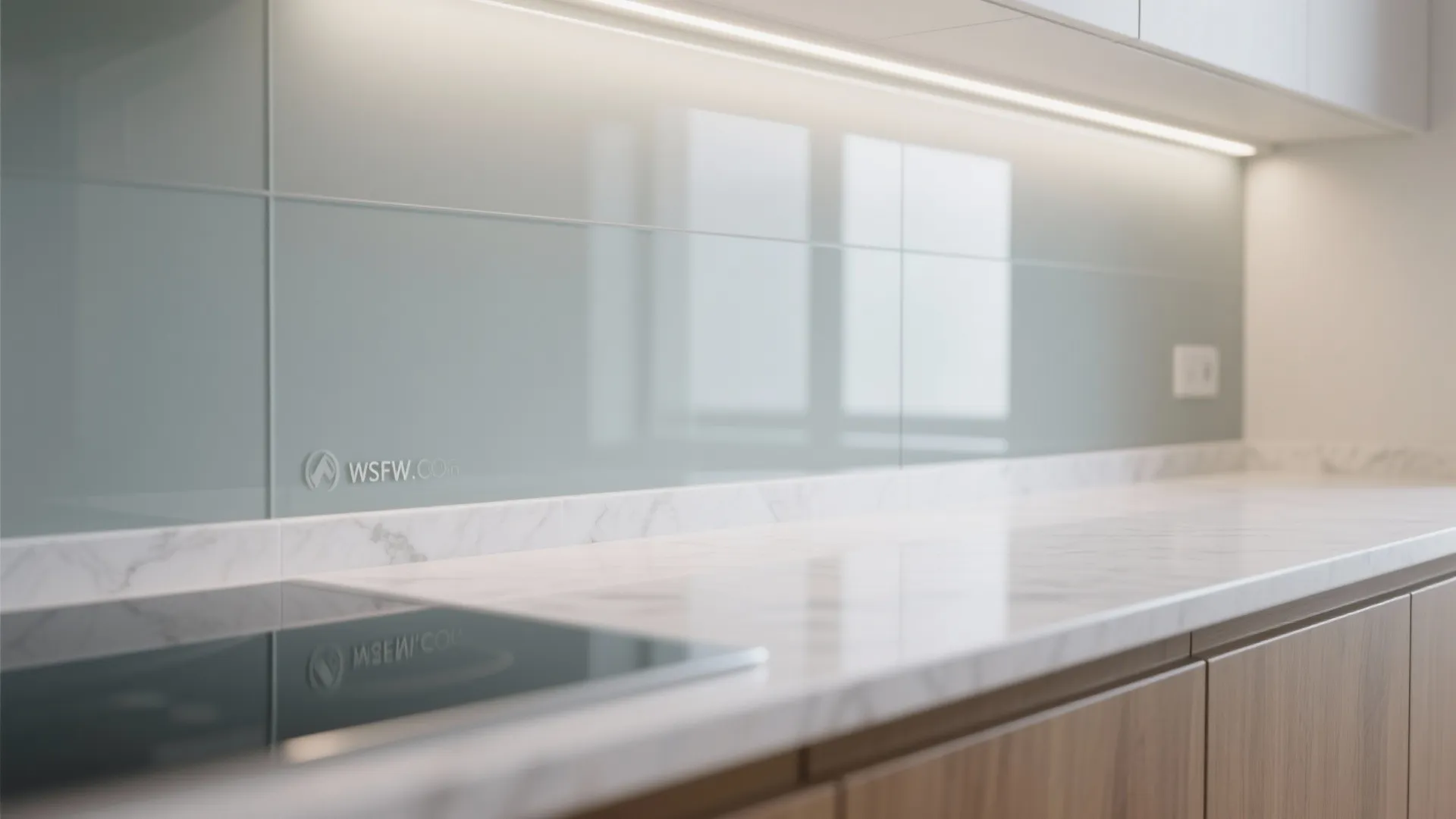 Glass backsplash and light-reflective finishes