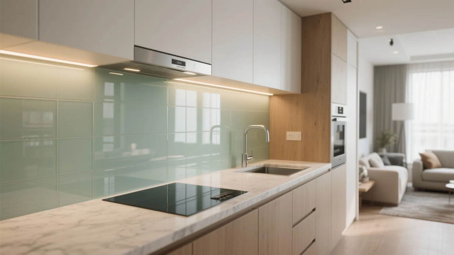 The clear lift of a glass backsplash in compact kitchens