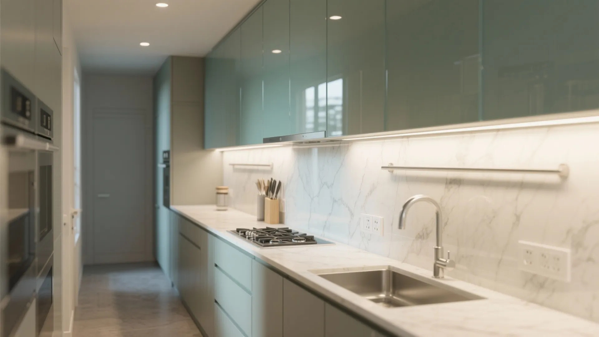 Modern kitchen featuring light green glass cabinets white marble wall metal sink and gas stove