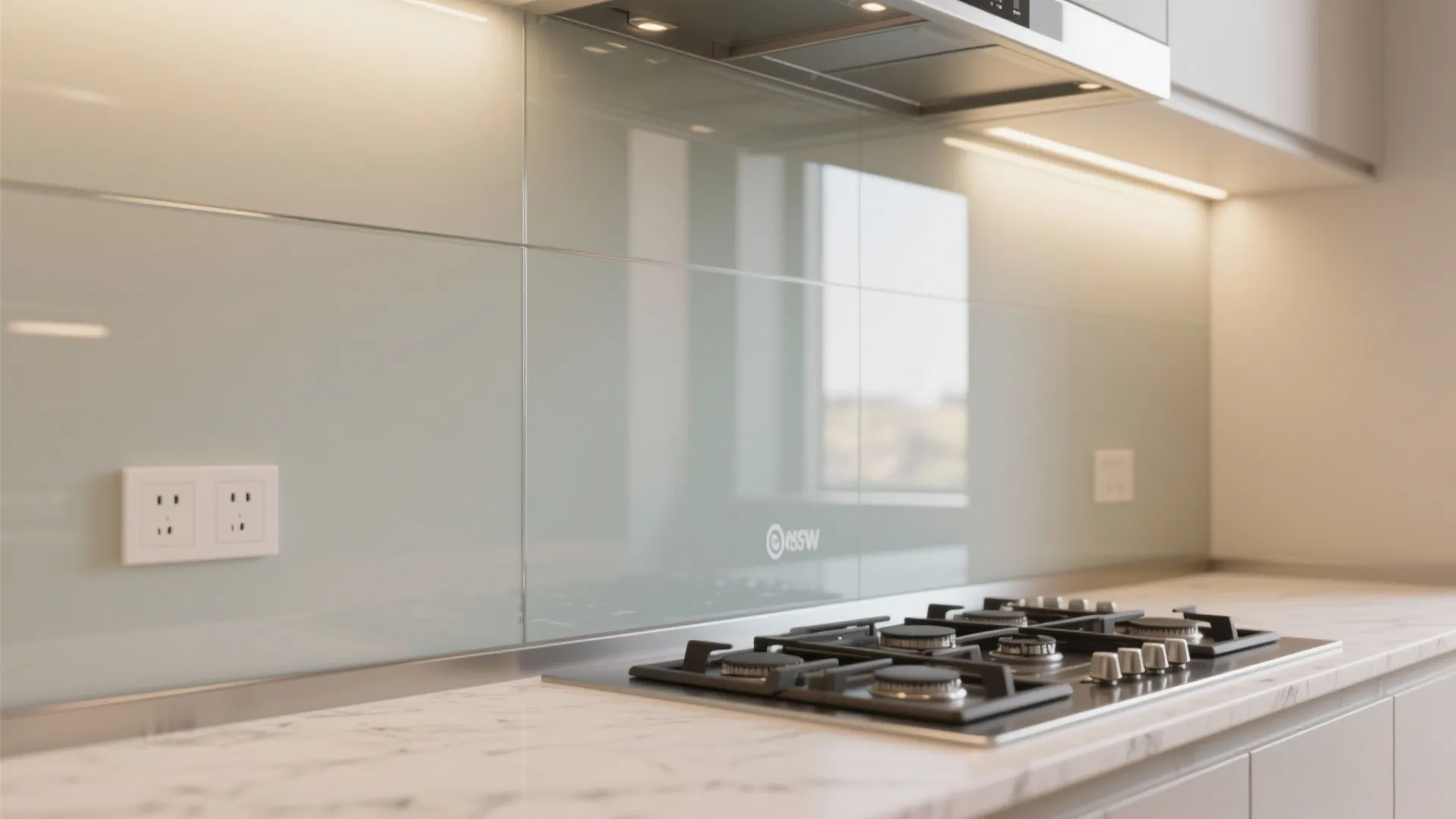 Modern kitchen with glass wall panels behind a gas stove on a marble surface countertop