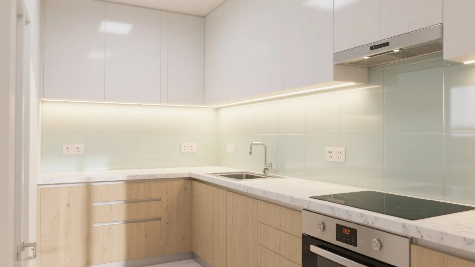 An airy glass backsplash in a compact L-shaped kitchen