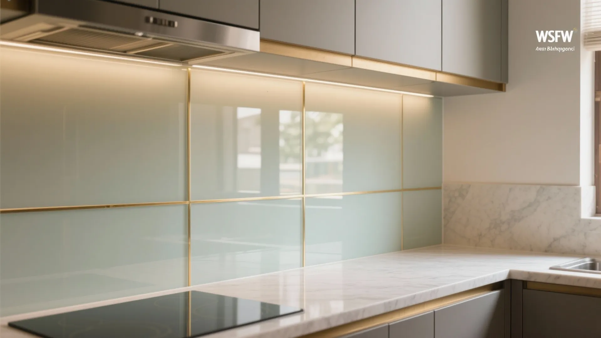 Glass backsplash and reflective accents for brighter, cleaner prep zones