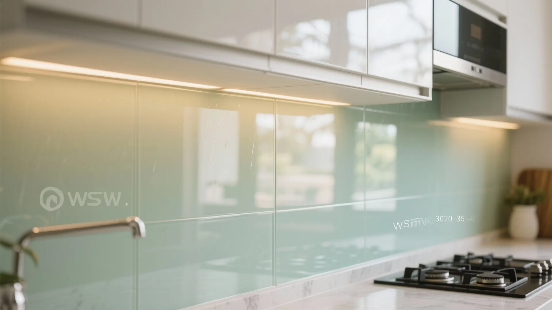 Modern kitchen with mint green glass wall tiles white cabinets and built in stove and microwave