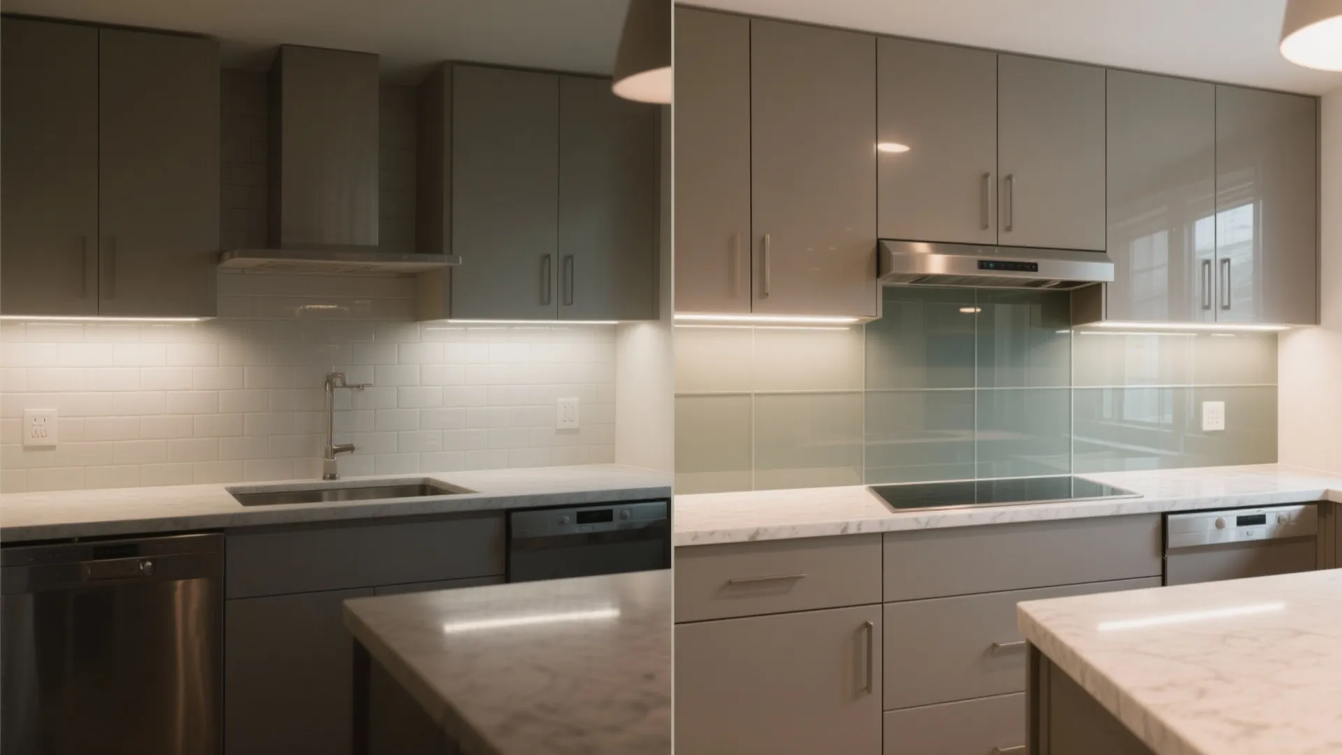 Side by side comparison of a kitchen with white tile wall versus glass back wall