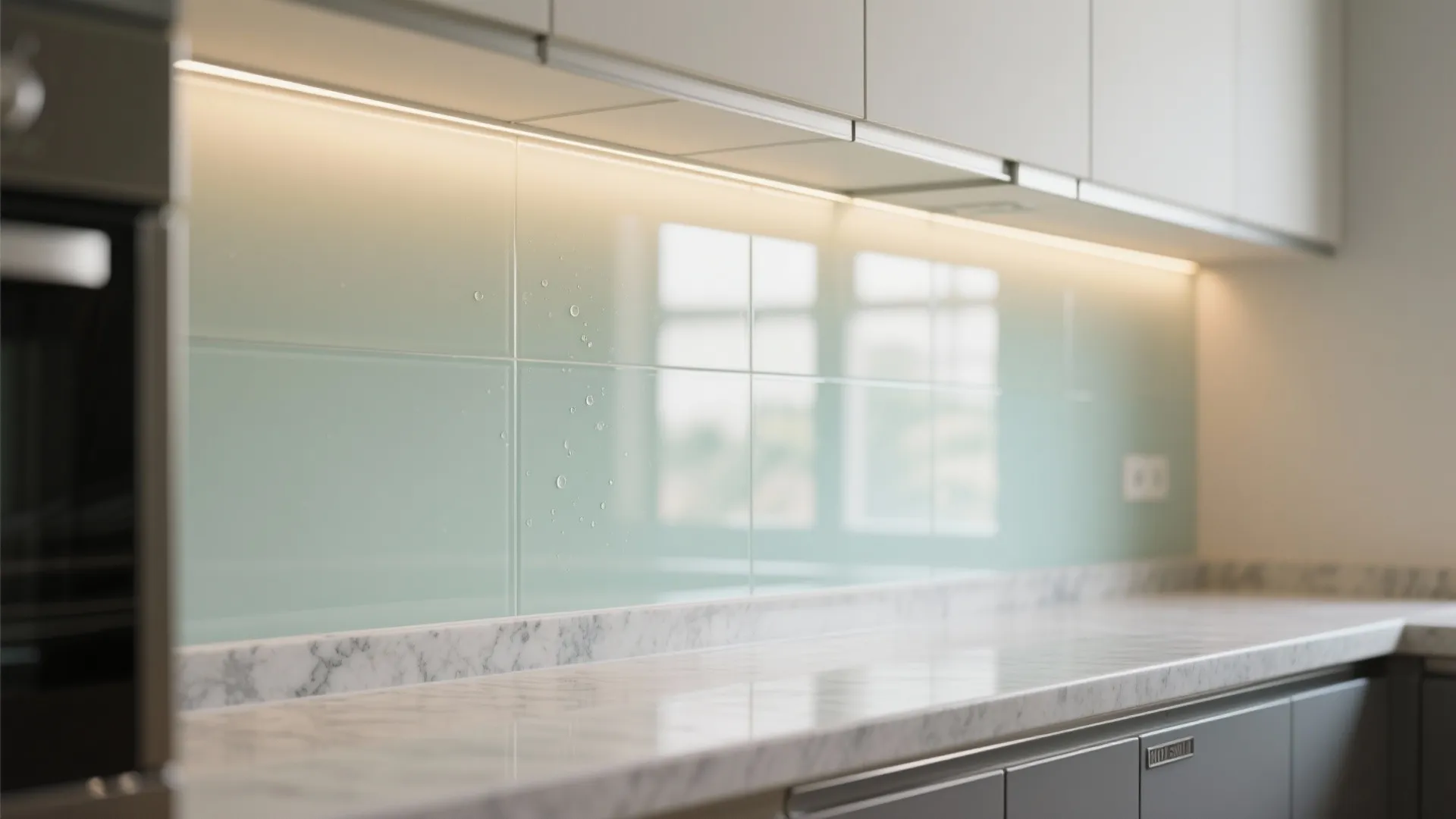 Glass backsplash for brightness and easy cleaning