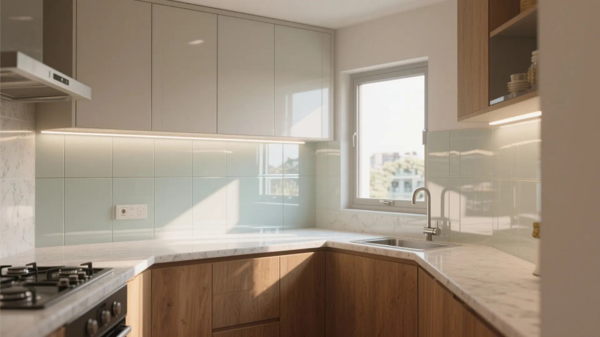 Glass backsplash and light-bouncing finishes in the kitchen
