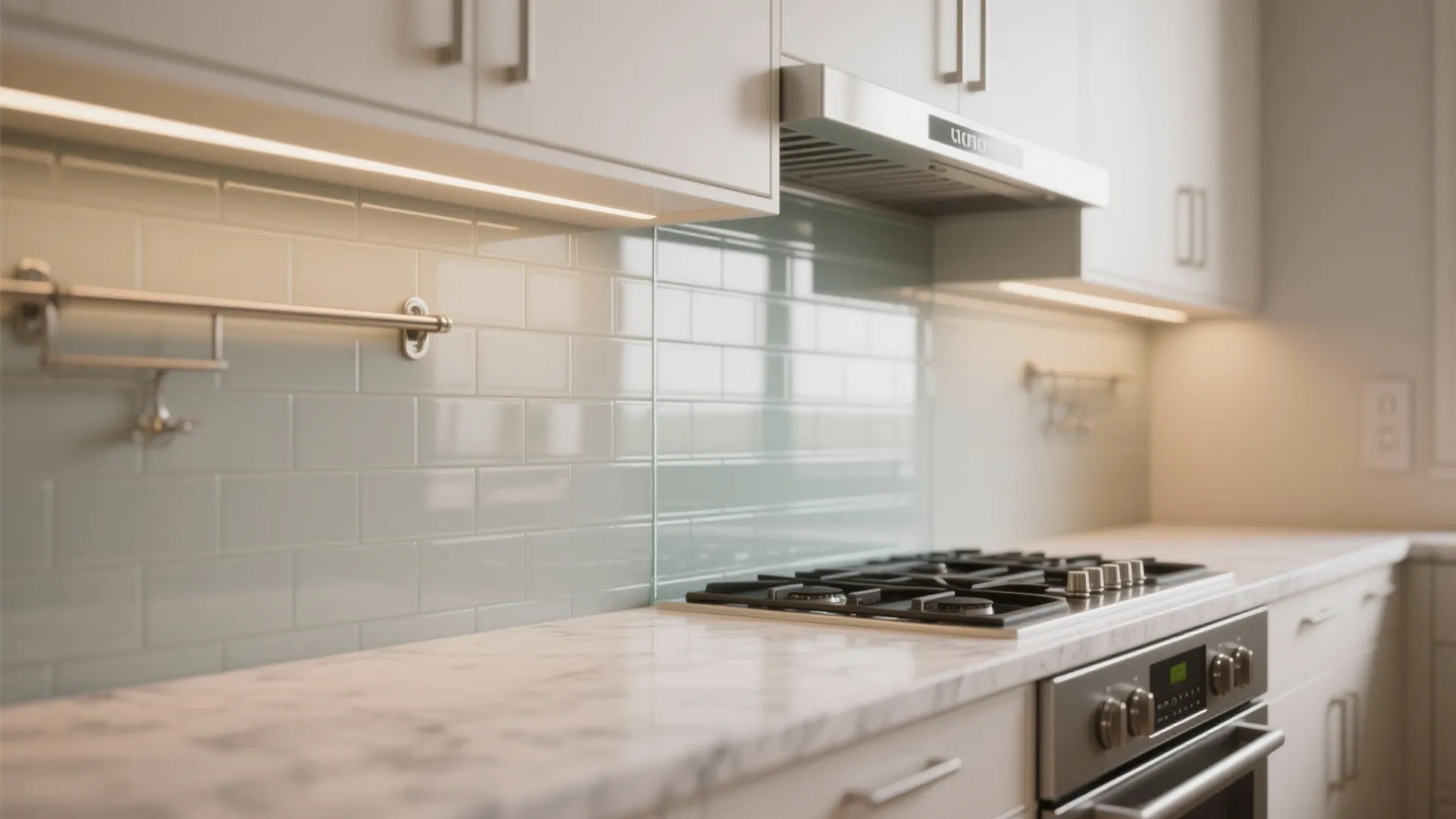 Glass backsplash and reflective finishes that amplify light