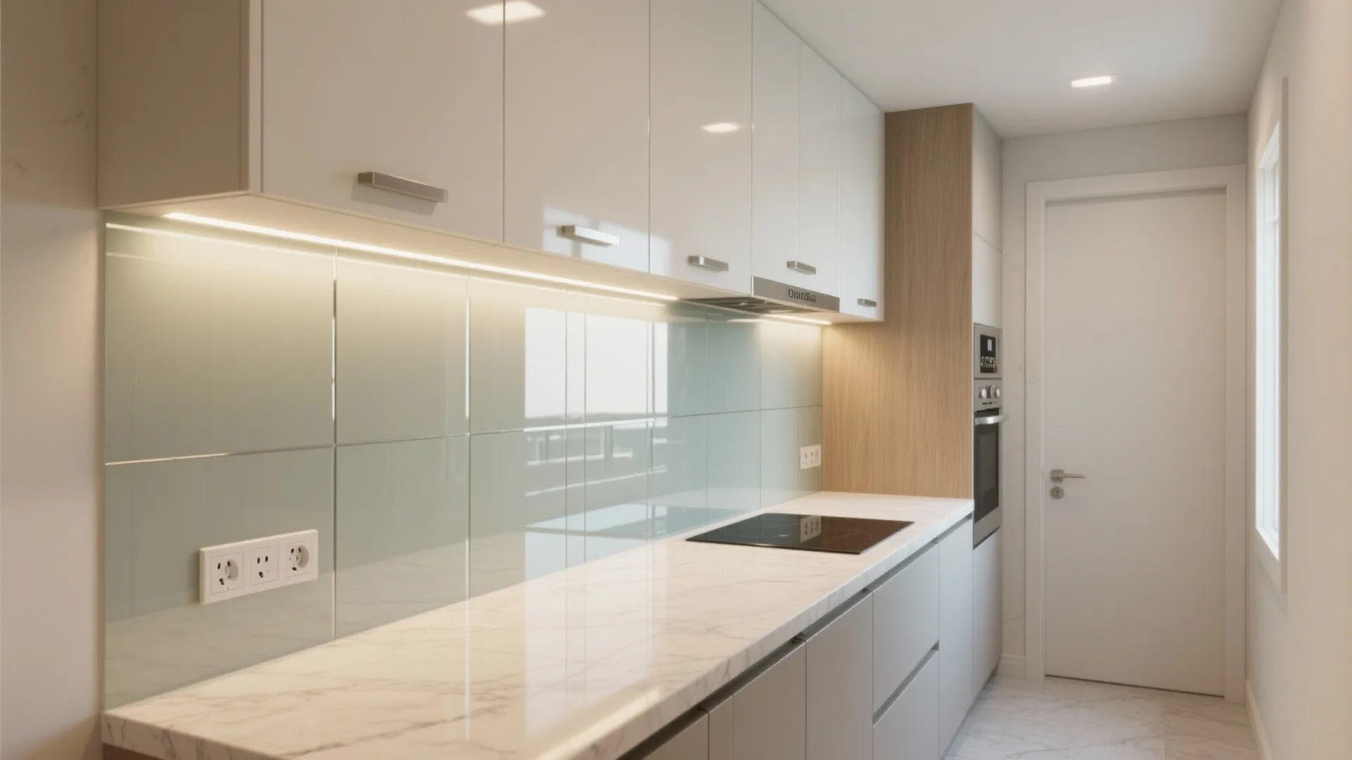 Glass backsplash and reflective finishes for a brighter cookspace