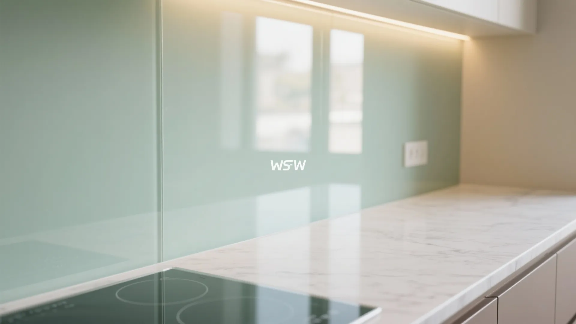Close up of light green glass kitchen wall with white marble countertop and black stove