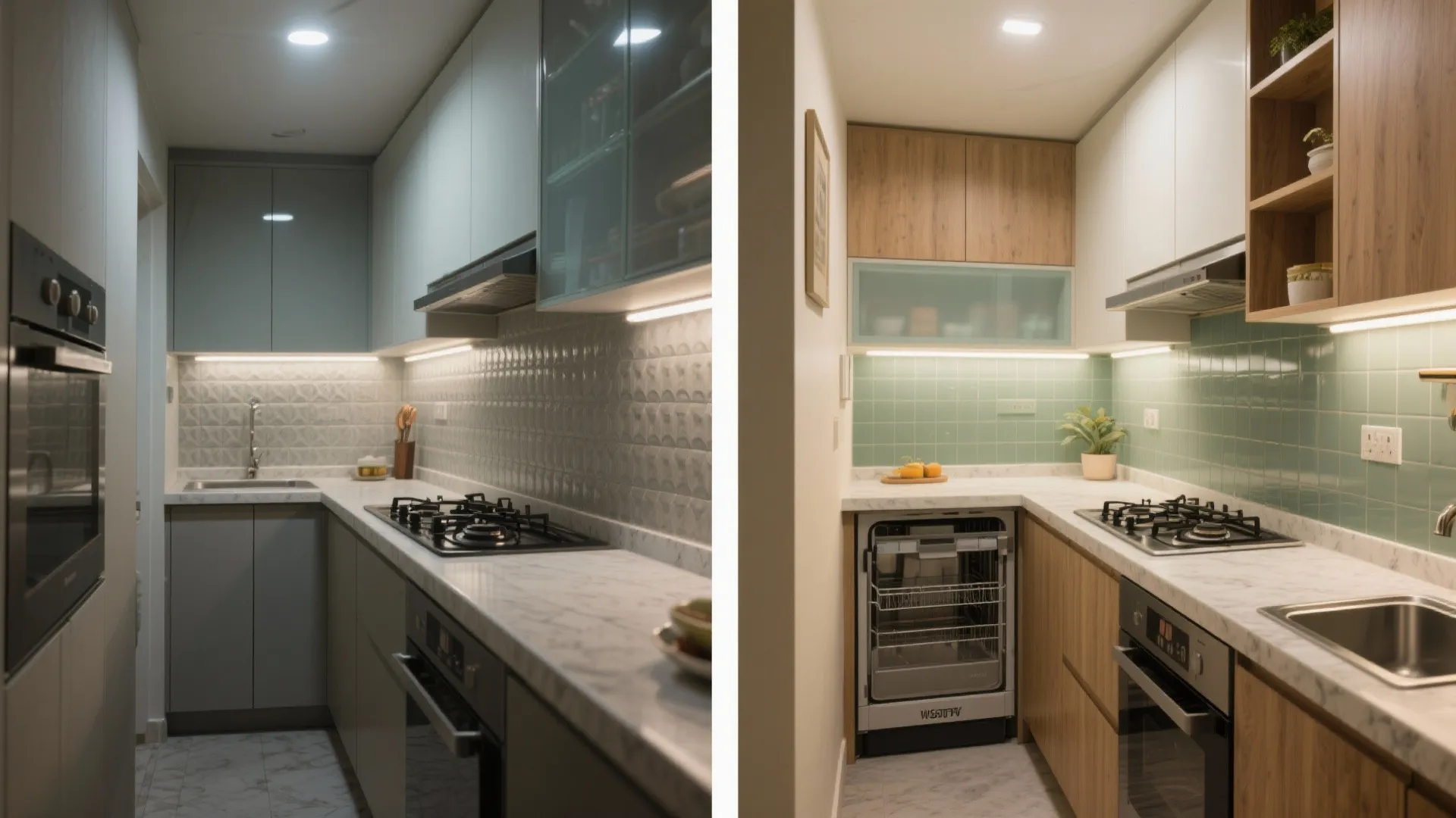 3) Gourmet compact kitchen with a glass backsplash