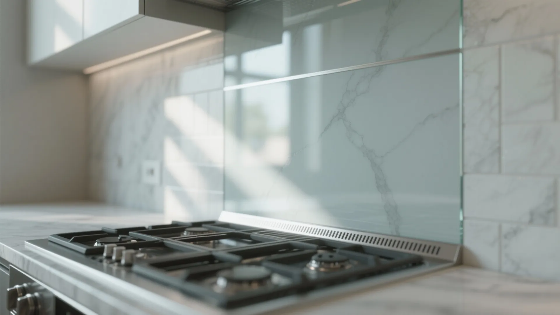 Glass backsplash that opens up the room
