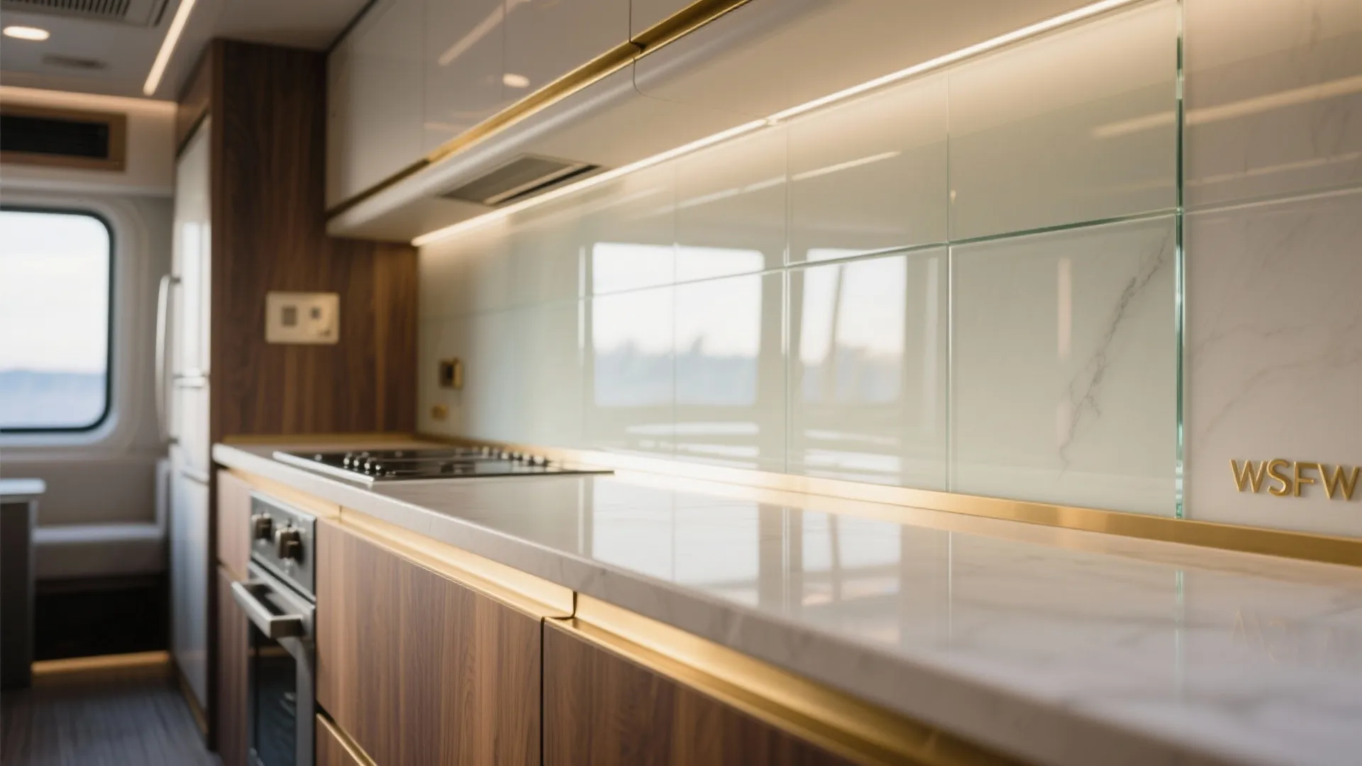 Modern kitchen with wooden cabinets white marble countertop light green glass backsplash and warm lighting
