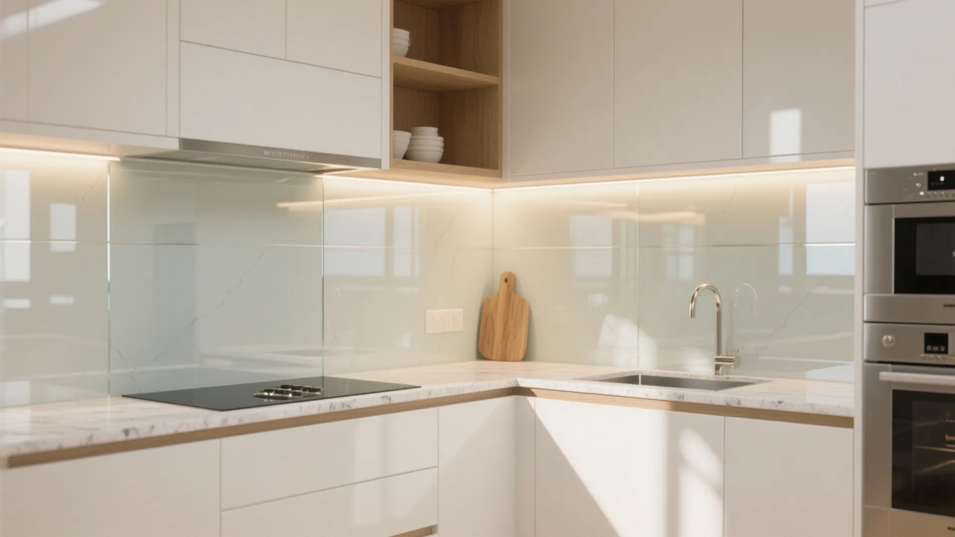 Glass backsplash’s airy brightness
