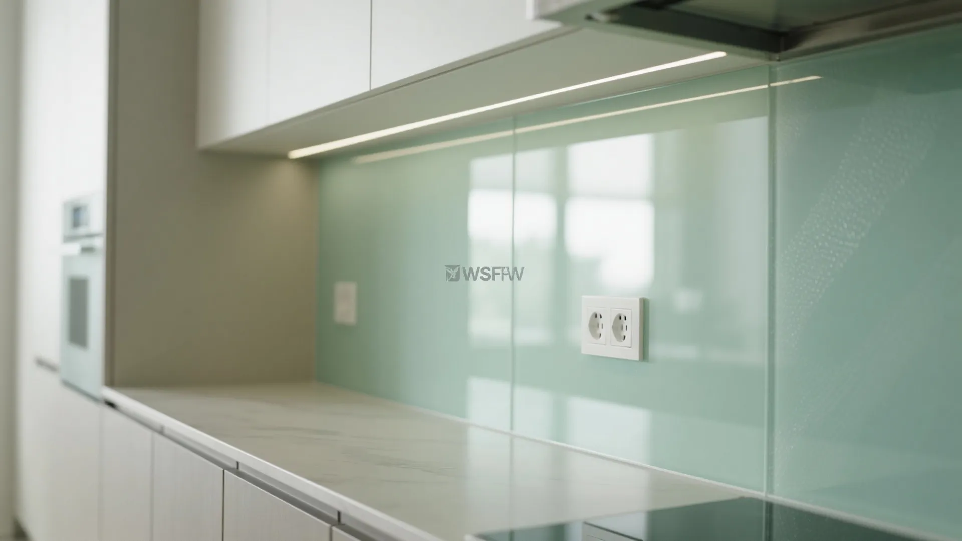 Kitchen interior design with light green glass wall behind white marble counter and light fixture