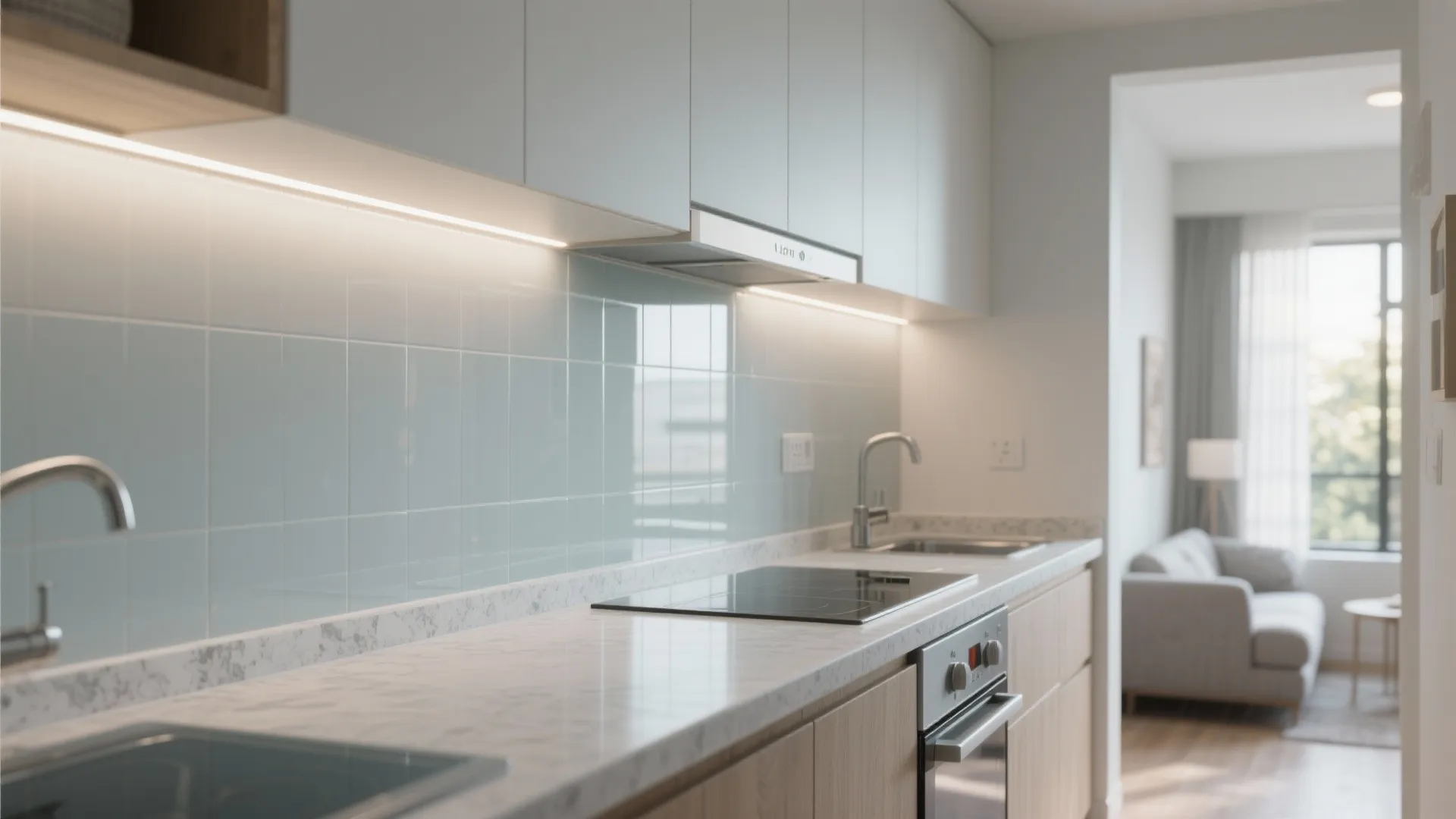 Close up of a kitchen with light blue wall tiles and marble counter top surface