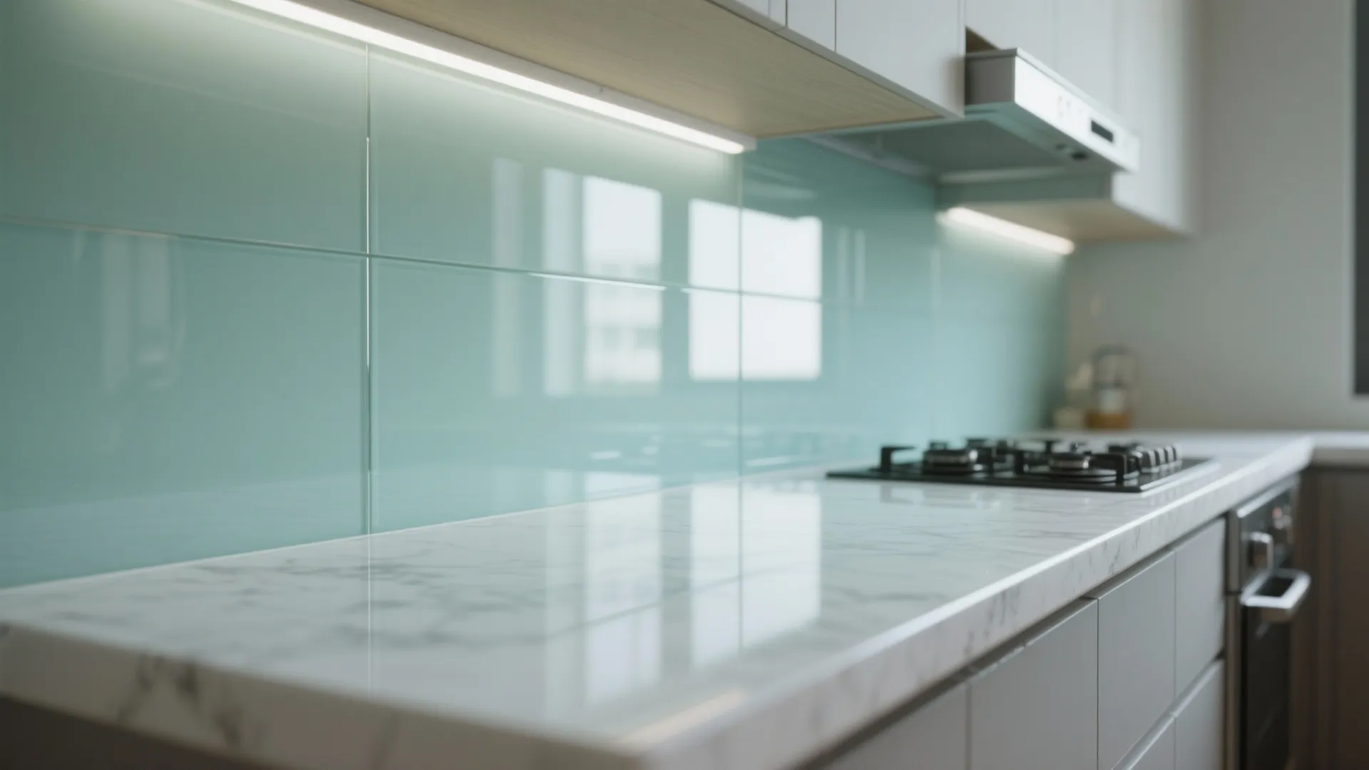 Glass backsplash for light and easy cleanup