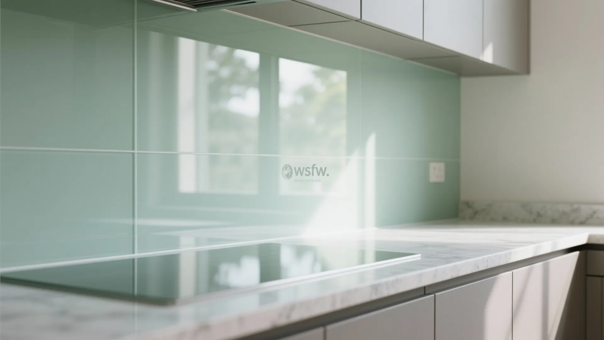 Modern kitchen with glass wall panels light green color marble countertop and induction cooktop design