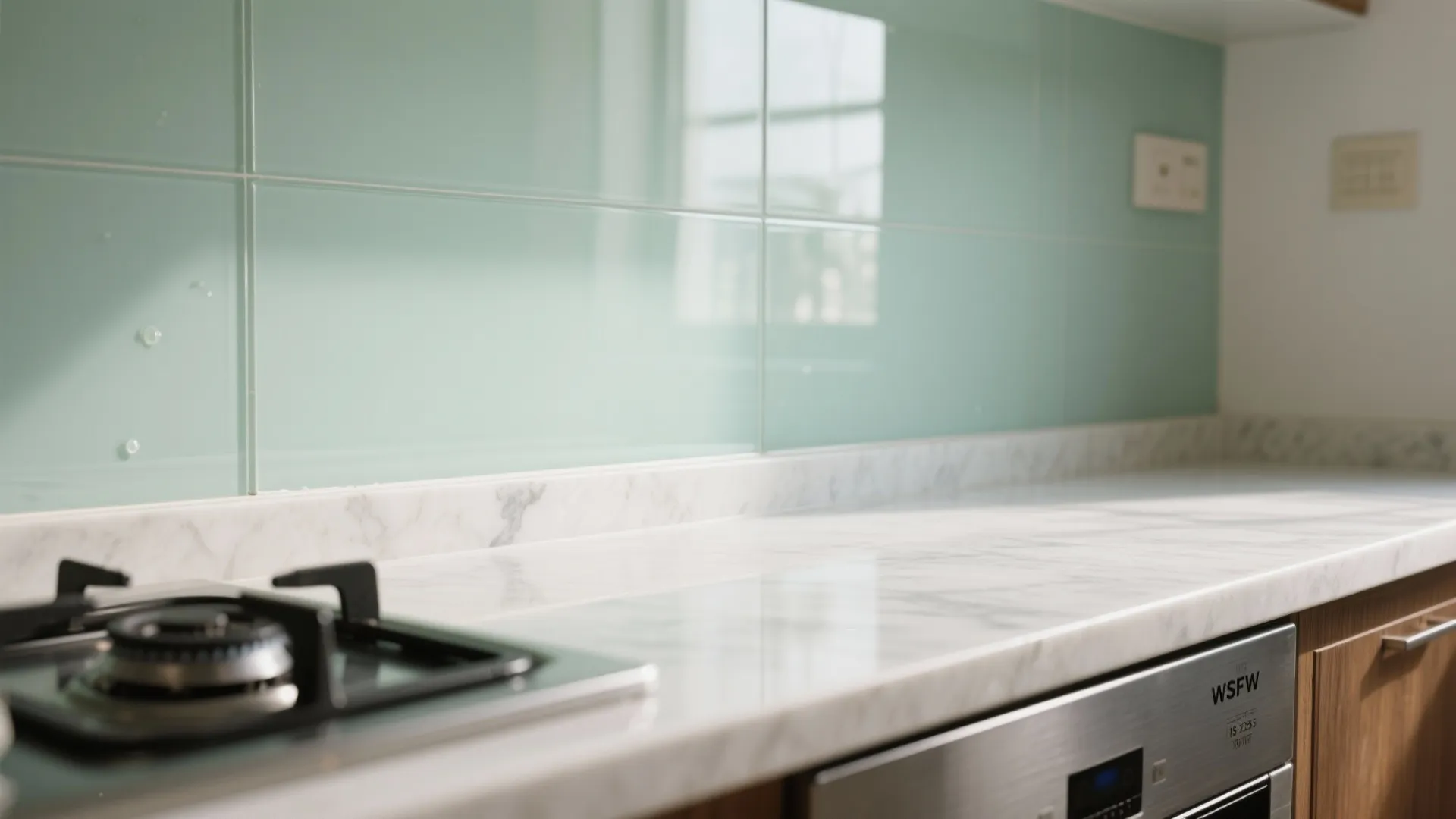 Light green glass wall tiles behind a marble countertop with a black stove and oven
