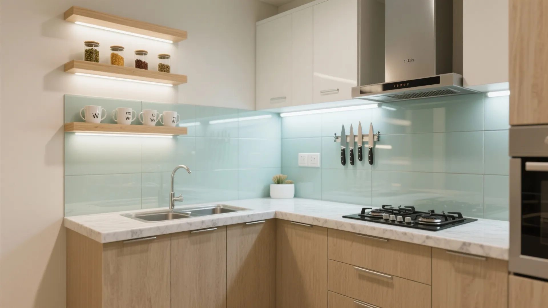 Kitchen corner with light blue wall tiles, wooden cabinets, marble countertop, sink, stove, and shelves
