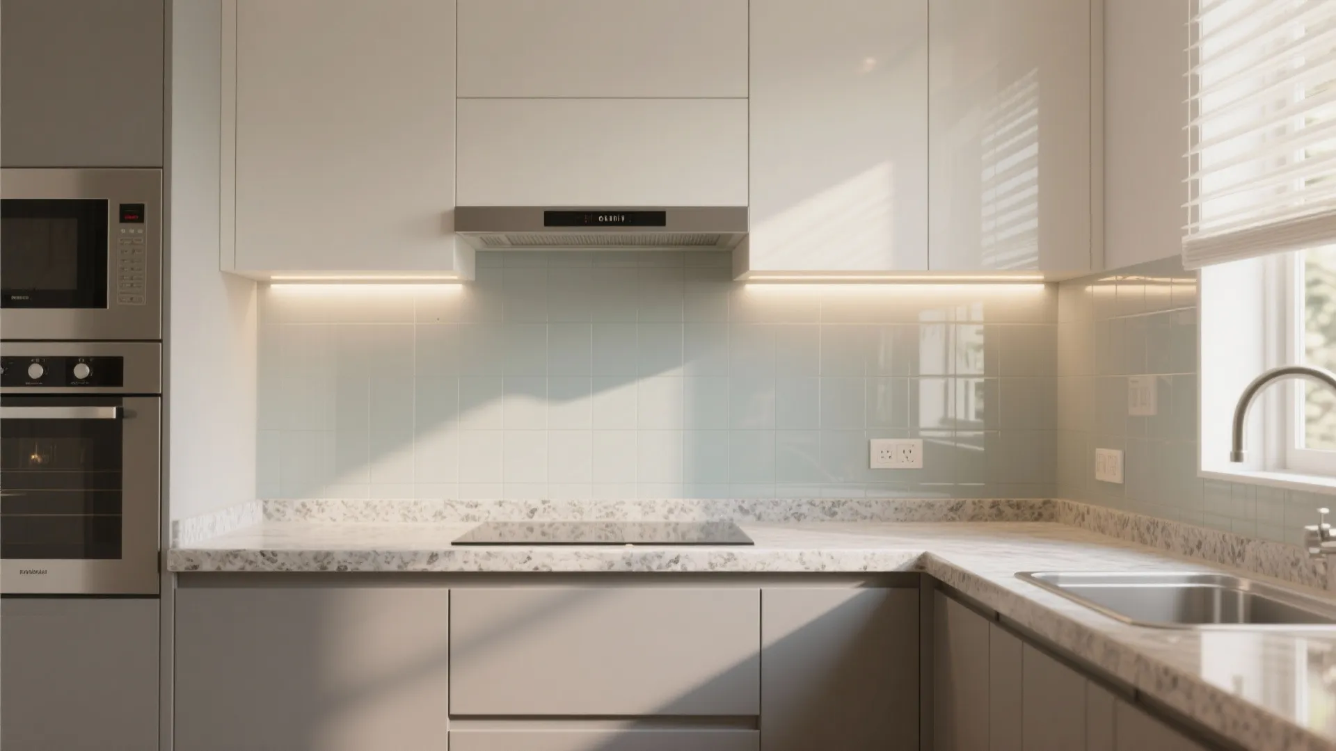 A glass backsplash for airy, easy-to-clean kitchens