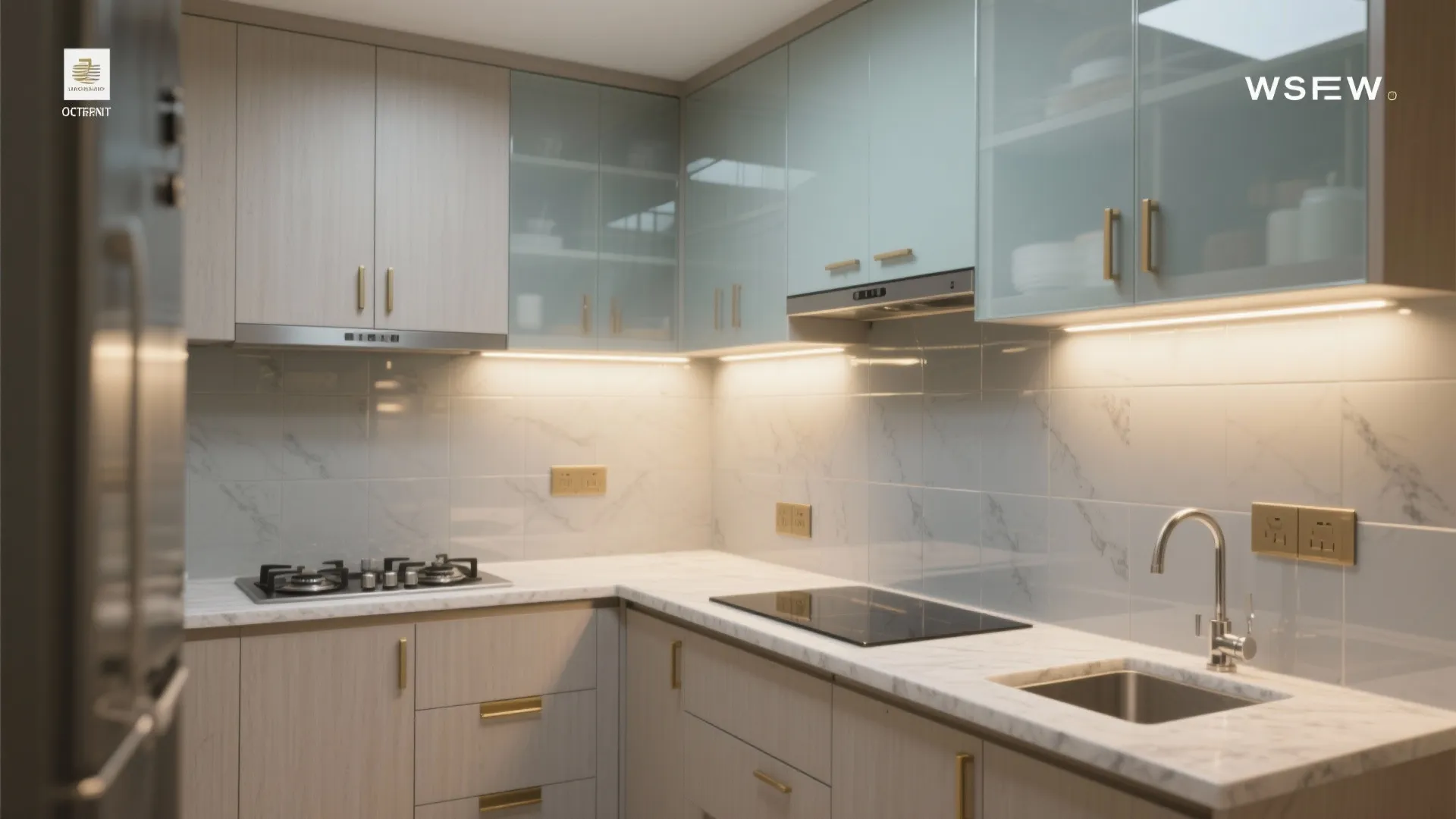 Light-bouncing finishes and a glassy backsplash